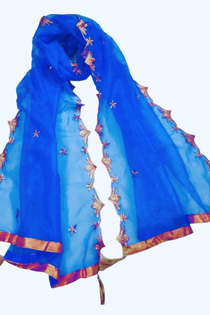 Blue Embroidered Net Dupatta - Designer