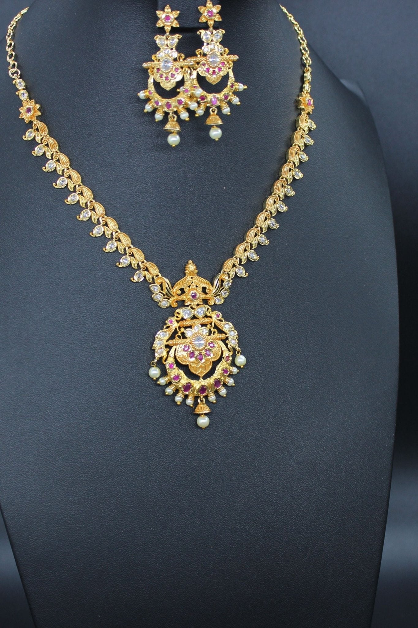 Premium Quality, Gold finish AD necklace Pink and white stone Jewelry JCS Fashions