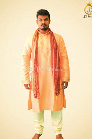 Orange Silk Kurta Pajama Set – Men’s Embroidered
