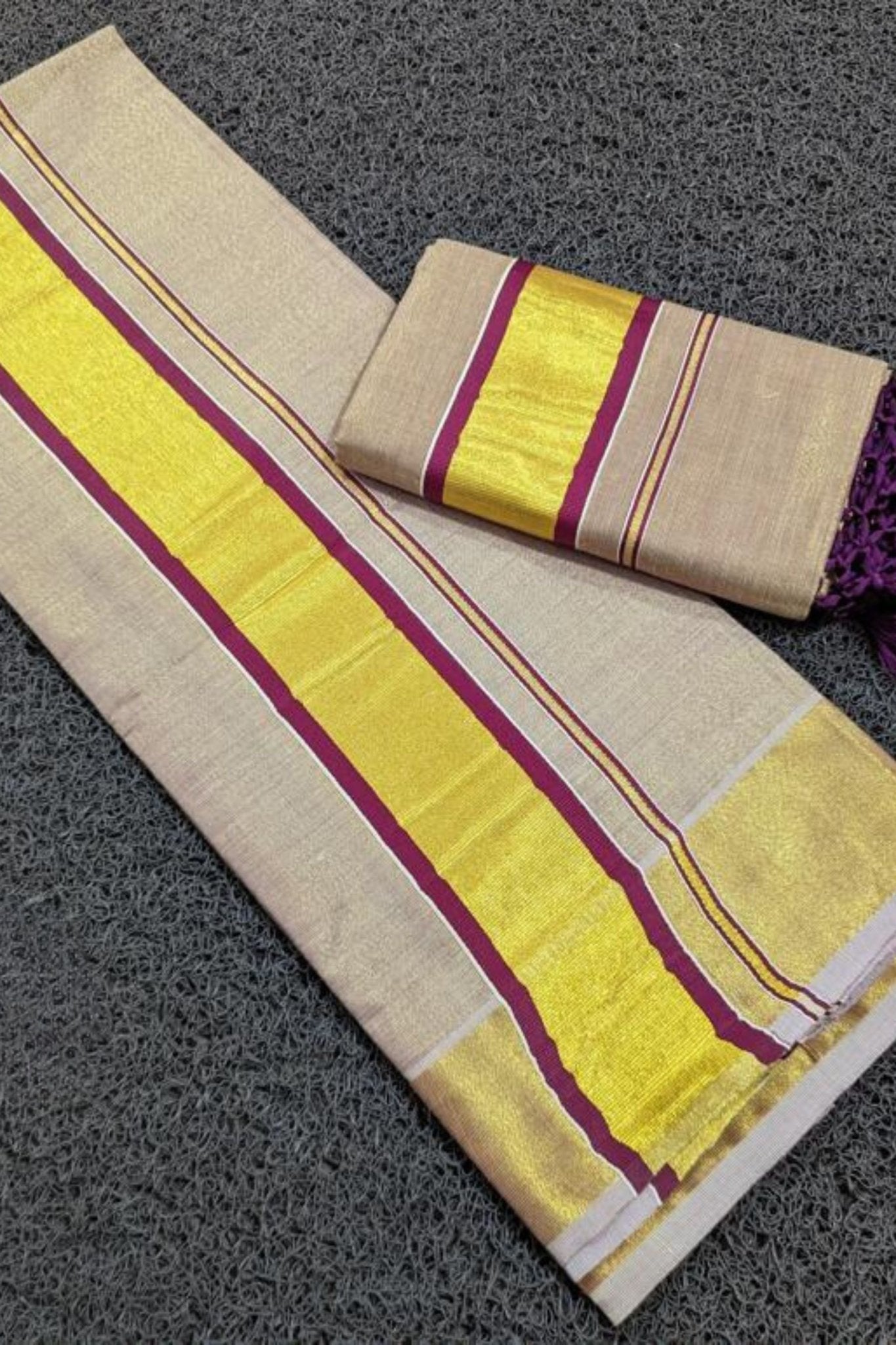 Premium Vishu Collection : Elegantly Crafted Tissue set mundu with Tussels Saree JCS Fashions