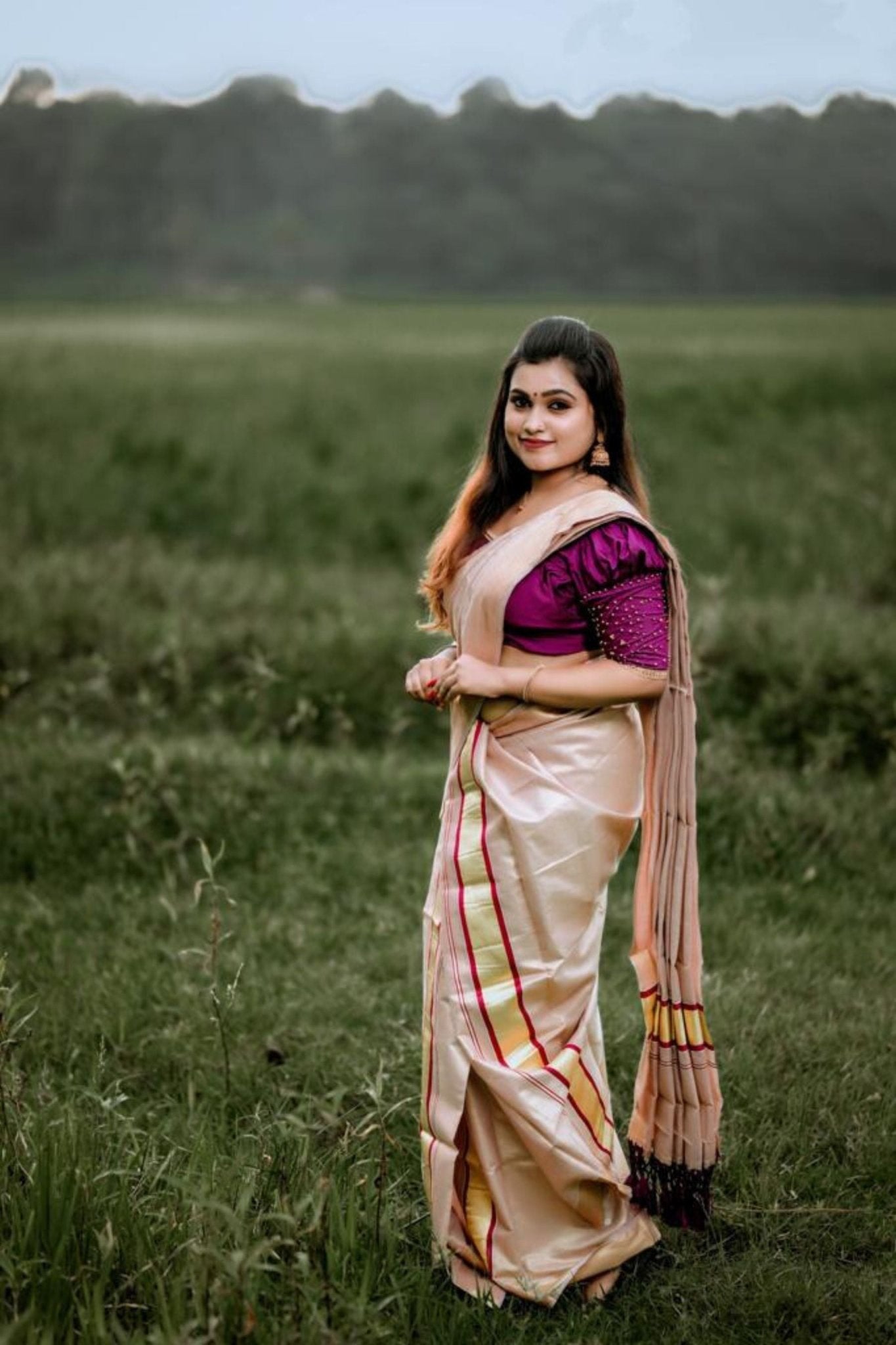 Premium Vishu Collection : Elegantly Crafted Tissue set mundu with Tussels Saree JCS Fashions