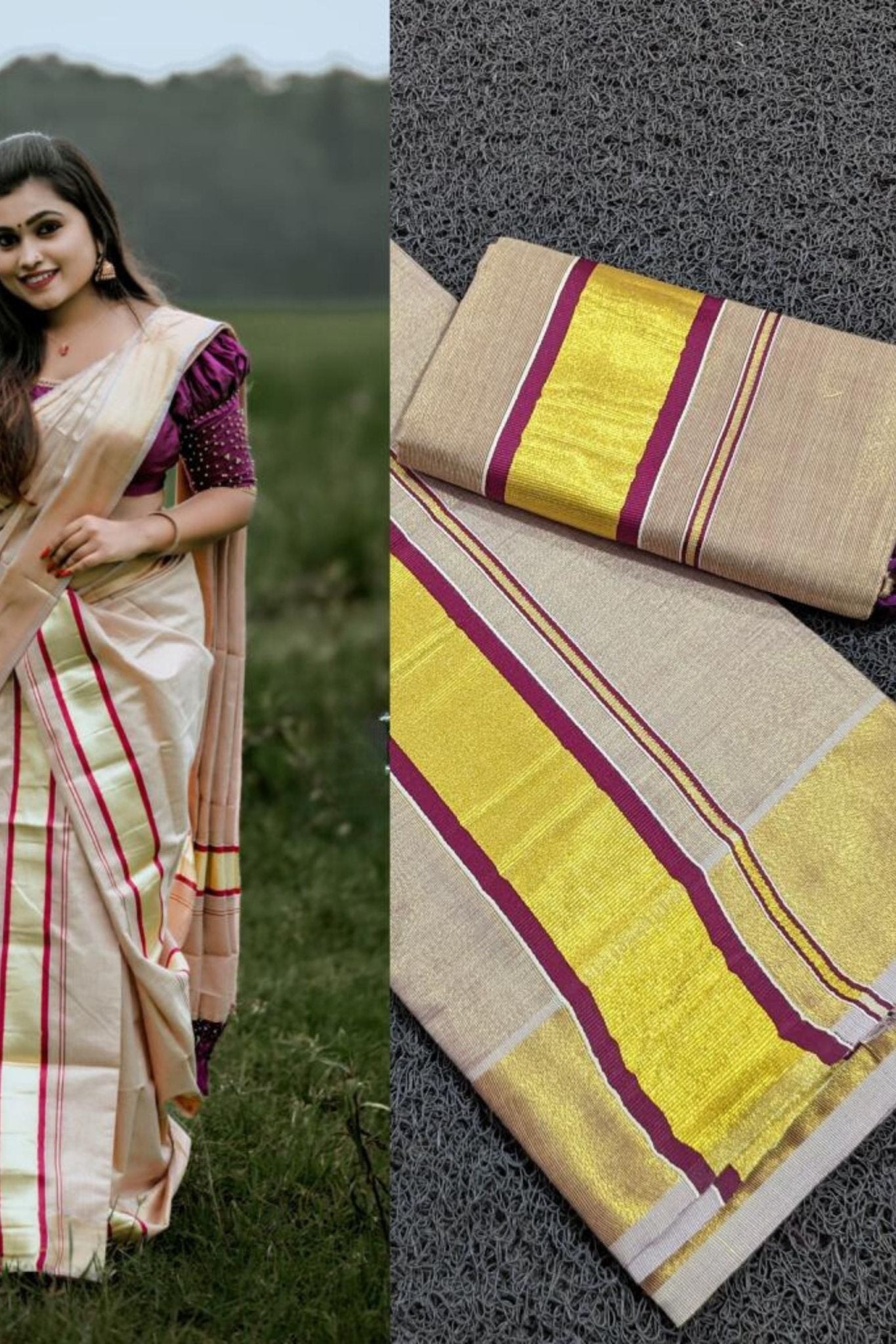 Premium Vishu Collection : Elegantly Crafted Tissue set mundu with Tussels Saree JCS Fashions