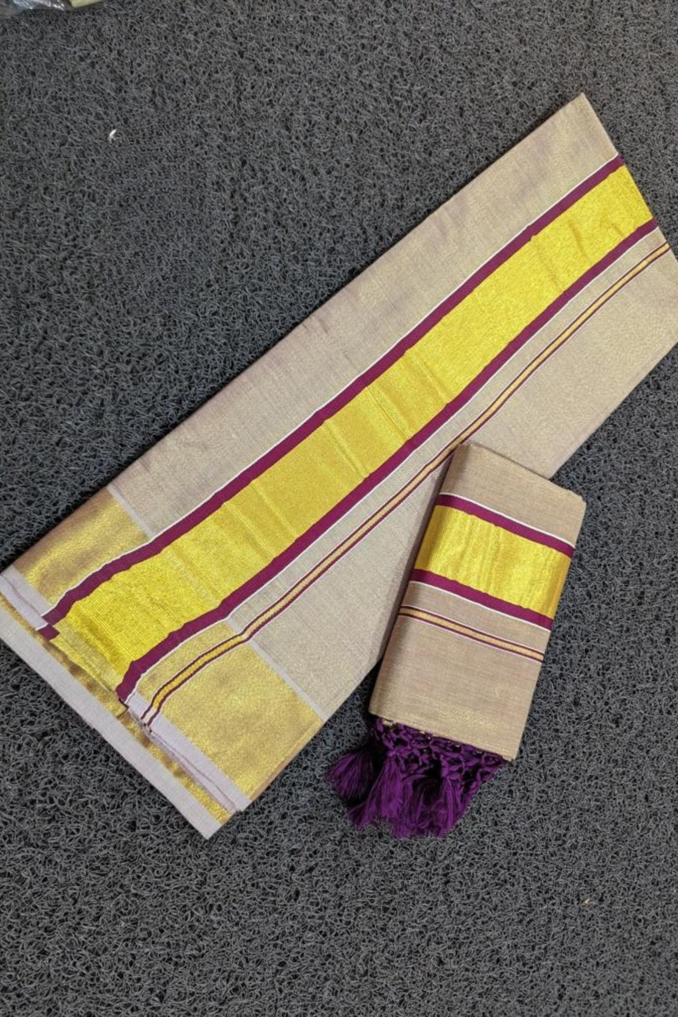 Premium Vishu Collection : Elegantly Crafted Tissue set mundu with Tussels Saree JCS Fashions Grape 2.8*2 mtrs