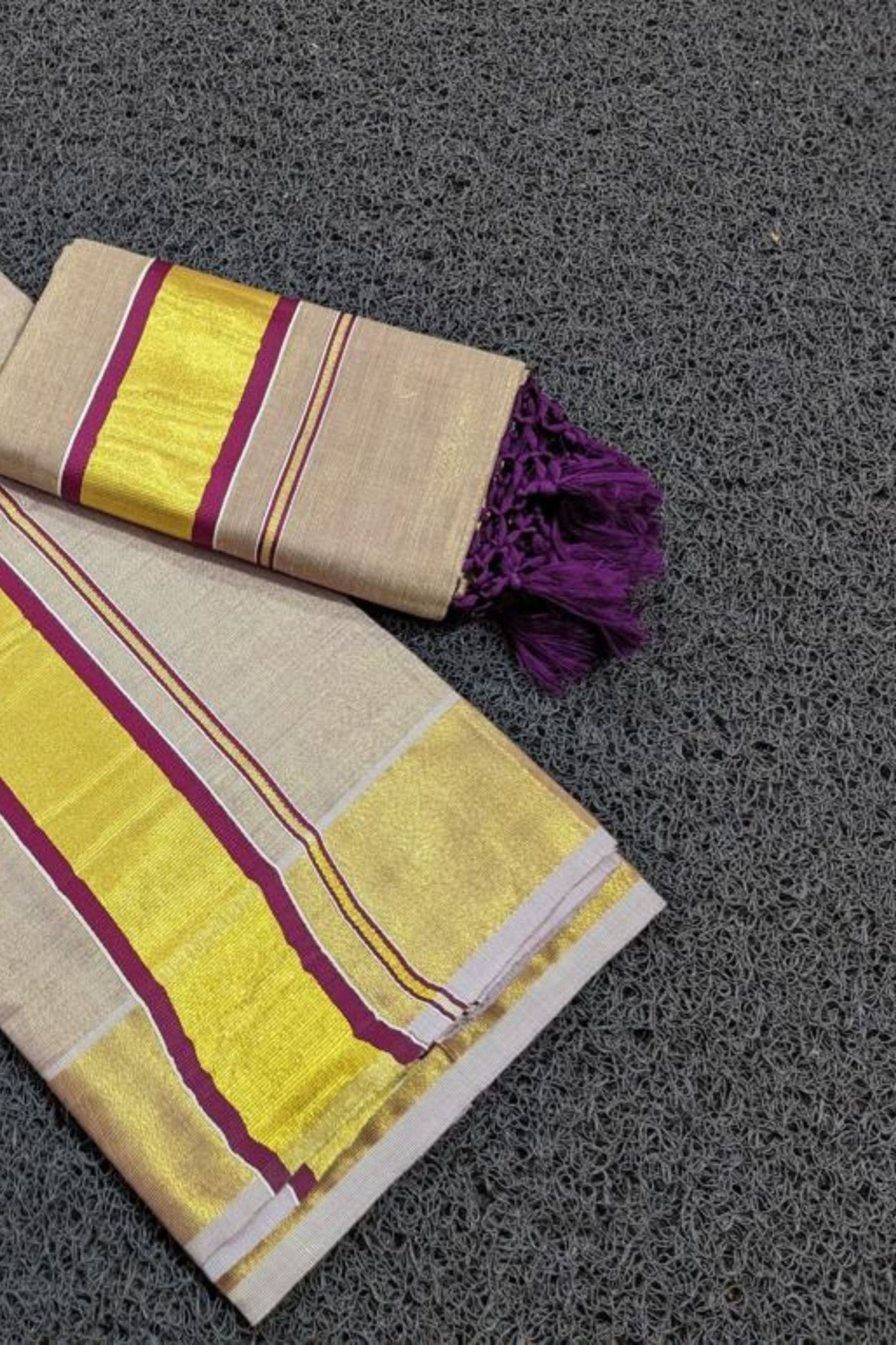 Premium Vishu Collection : Elegantly Crafted Tissue set mundu with Tussels Saree JCS Fashions
