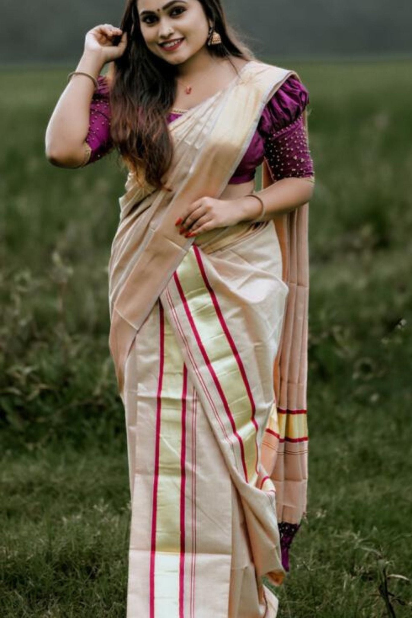 Premium Vishu Collection : Elegantly Crafted Tissue set mundu with Tussels Saree JCS Fashions
