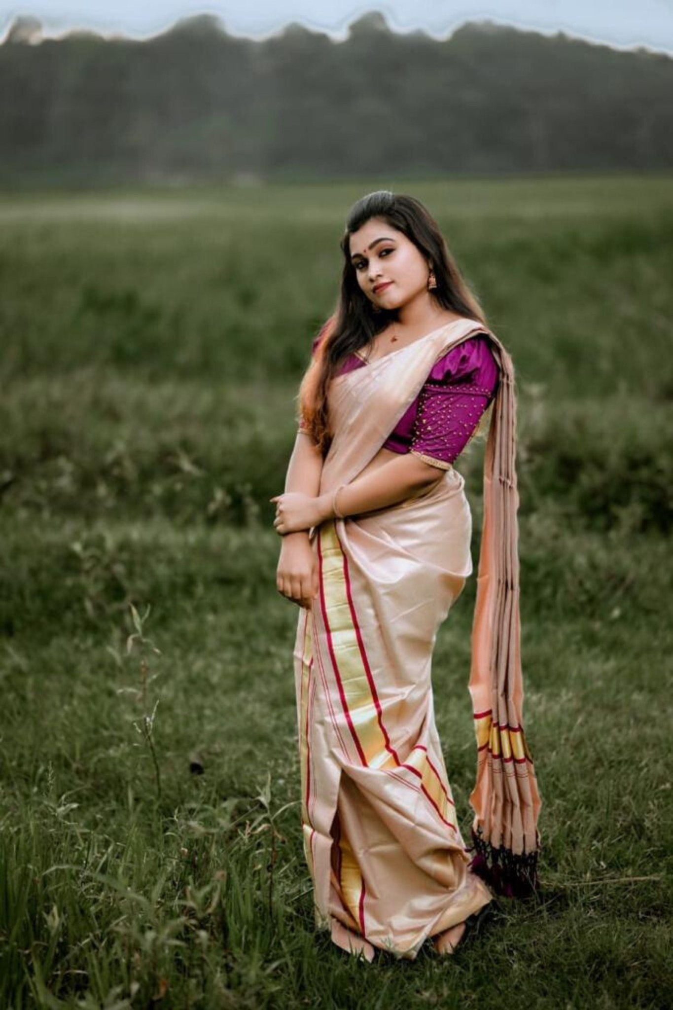Premium Vishu Collection : Elegantly Crafted Tissue set mundu with Tussels Saree JCS Fashions