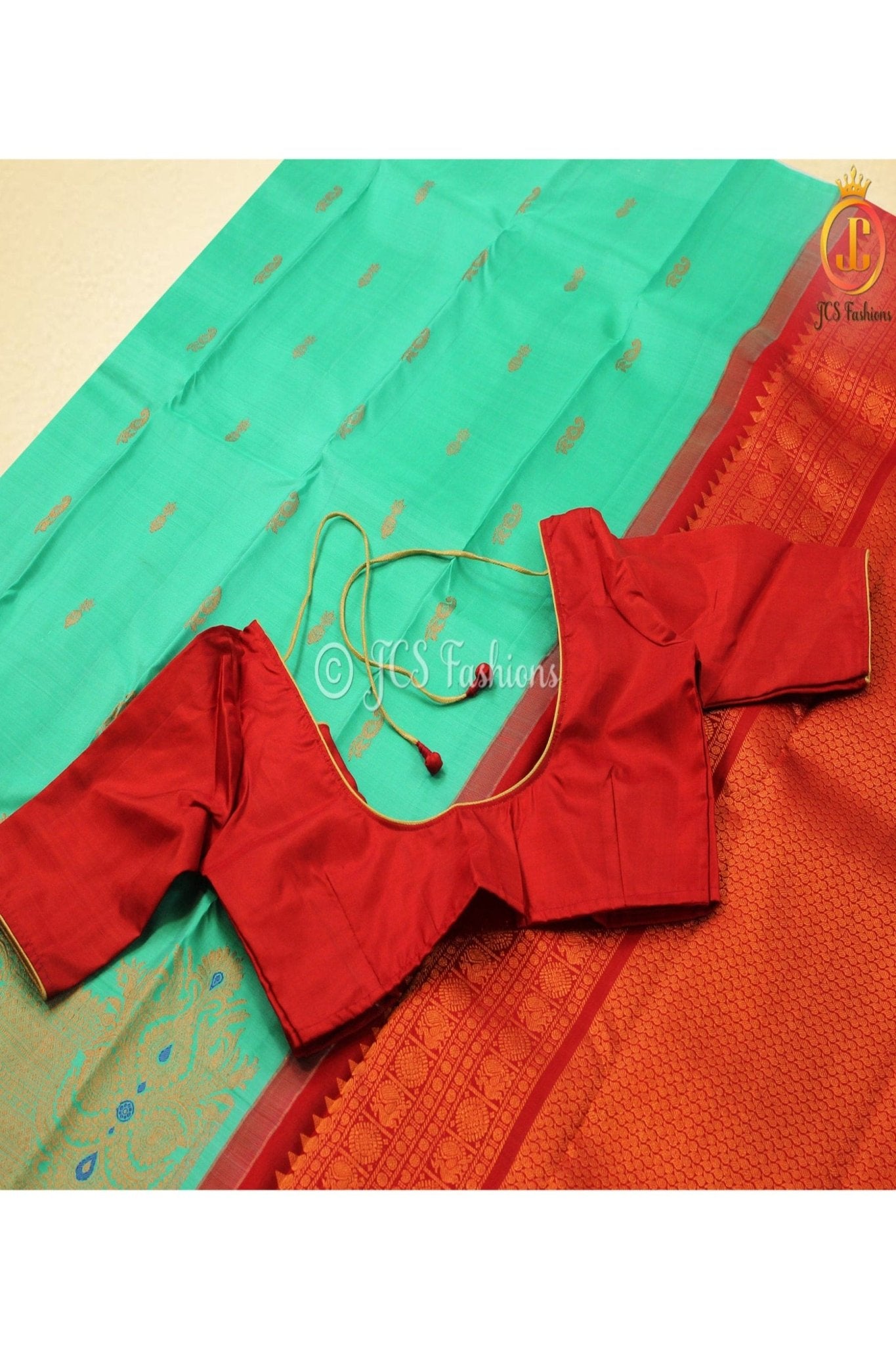 Pure Kanchipuram Silk Saree with Stitched Blouse SAREE JCS Fashions Green With Red 5.5 meters