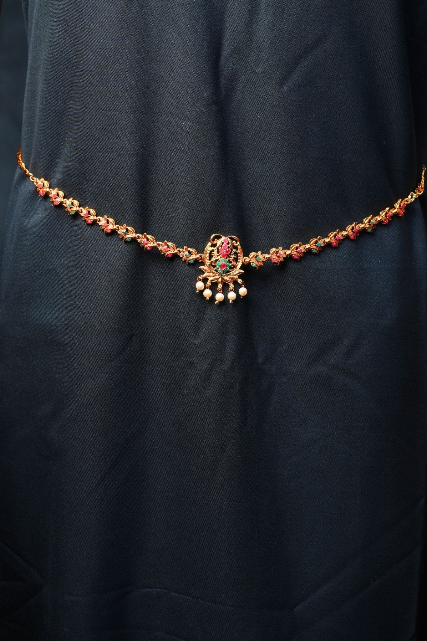 Radiant Elegance: Antique Gold & Pink Stone Hip Chain with Dangling Beads Jewelry JCS Fashions Antique Gold 26"