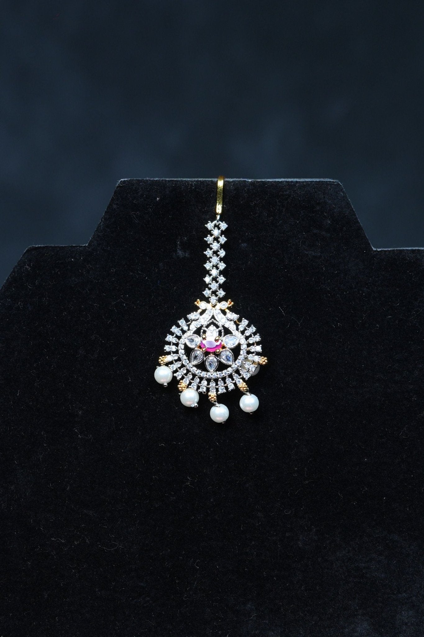 Radiant Elegance: Gold Polished Tikka with Sparkling AD Stones Jewelry JCS Fashions White