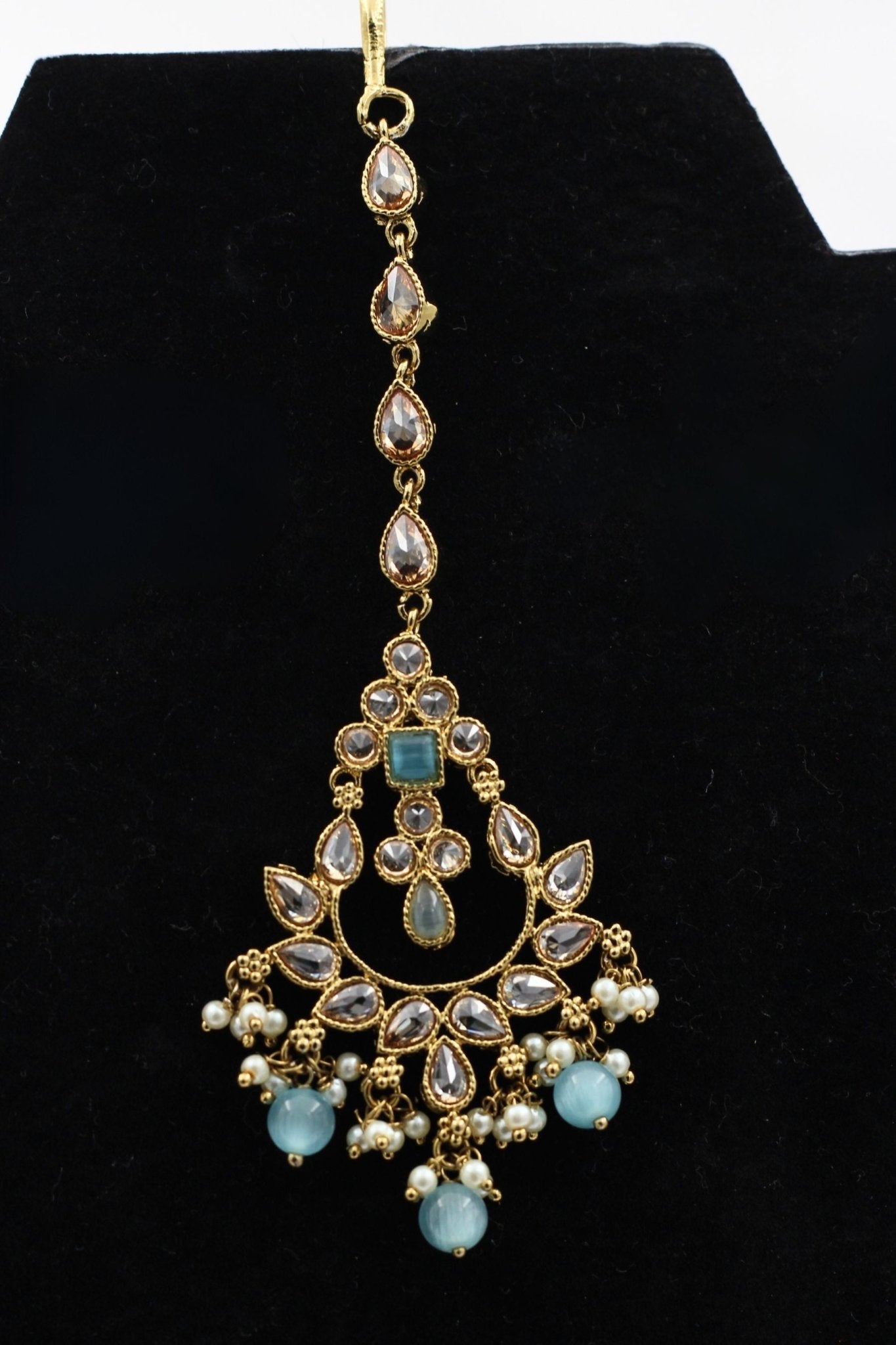 Radiant Elegance: JCS Fashions' Ornate Fancy Tikka with Vibrant Stones Jewelry JCS Fashions Blue 4.9 inch