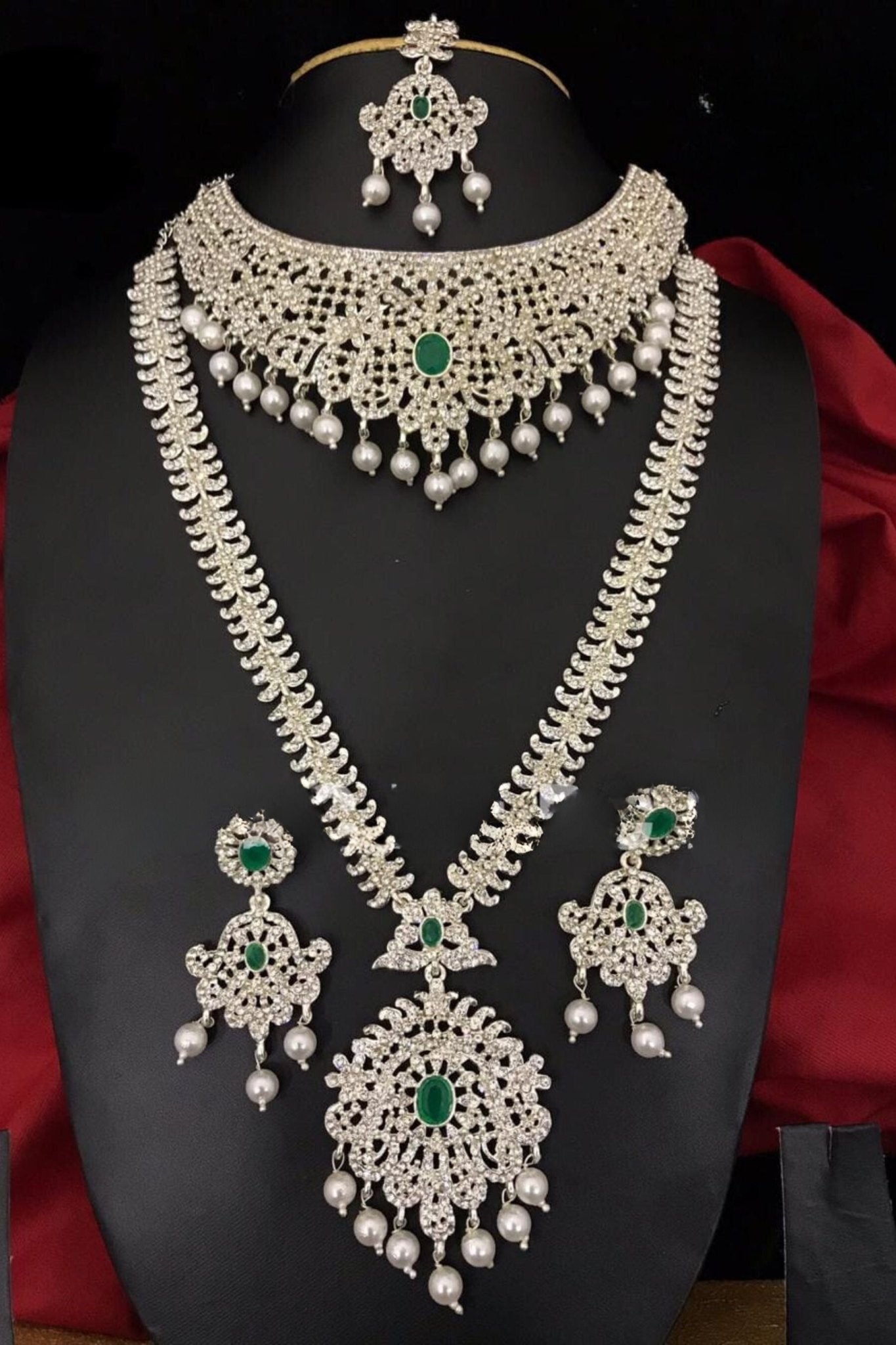 Radiant Elegance: Silver Polish Set with Dazzling Stones - JCSFashions Jewelry JCS Fashions Green & white