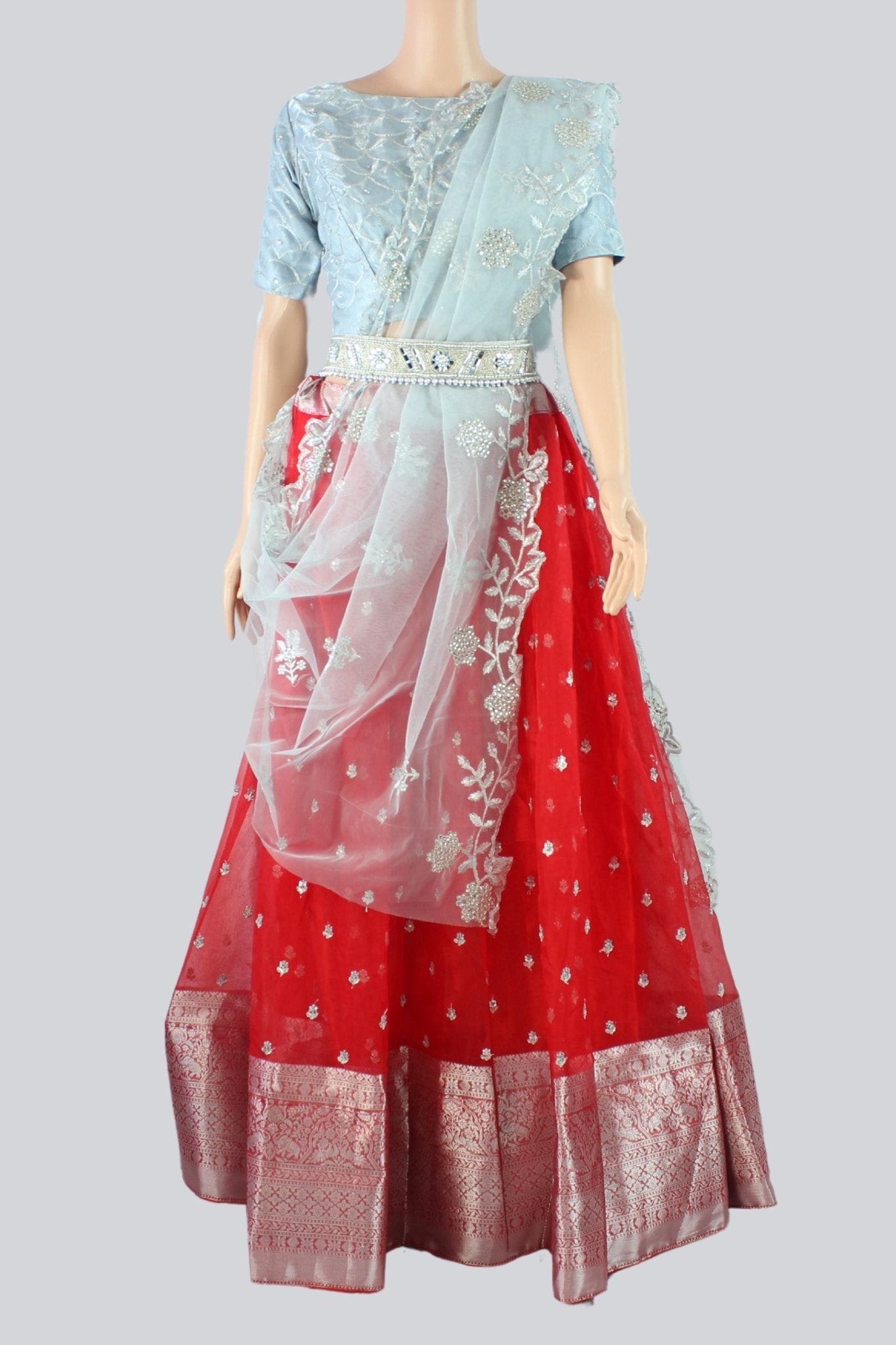 Radiant Kanchipuram Lehanga Set: Viscose Thread & Glitter Sequin Work LEHANGA JCS Fashions Red Medium (38)