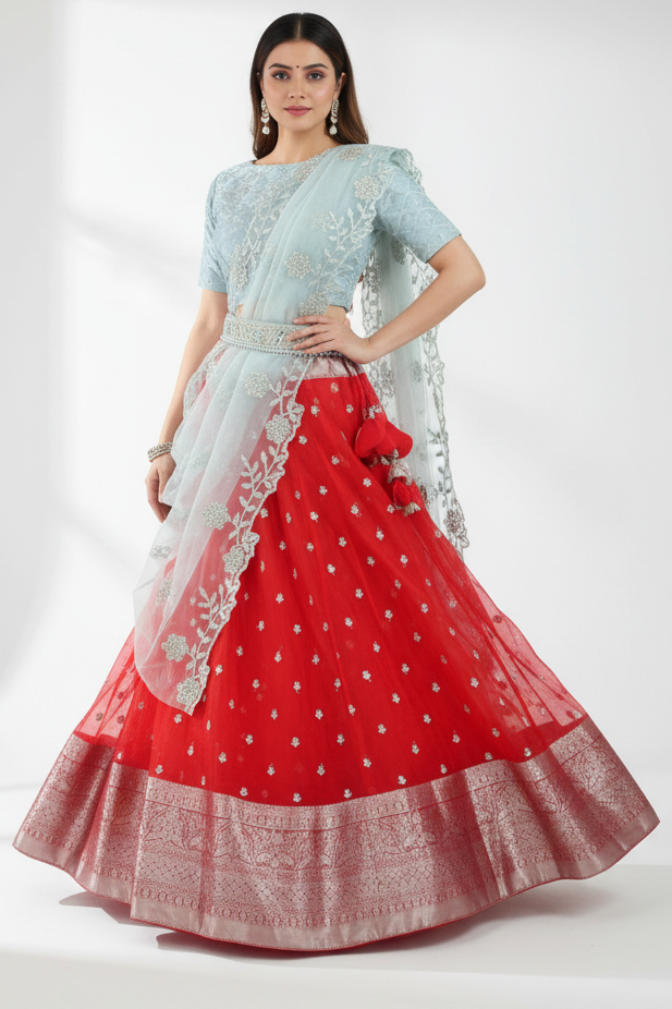 Radiant Kanchipuram Lehanga Set: Viscose Thread & Glitter Sequin Work