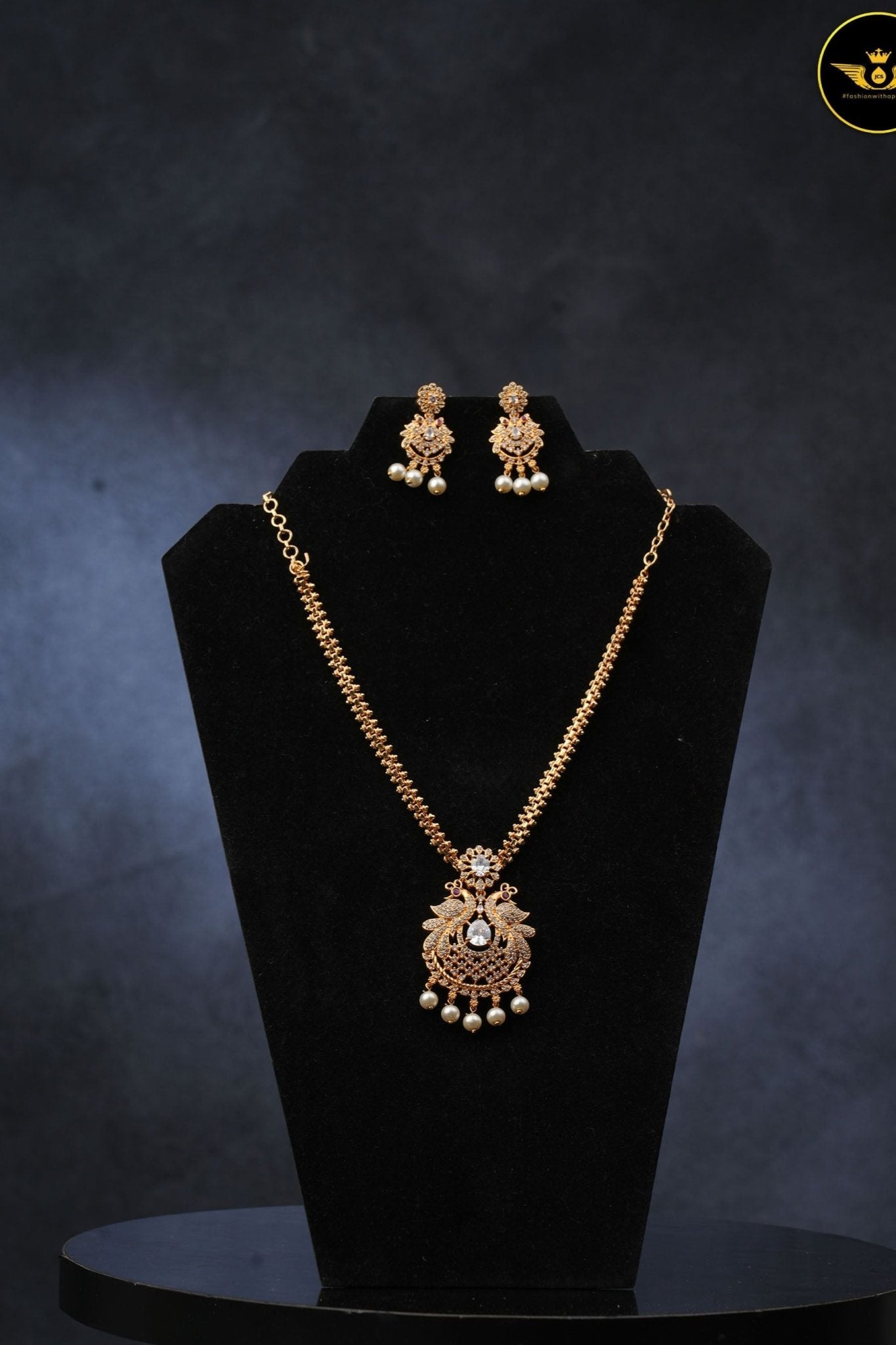 Radiant Peacock Gold-Plated Neckset with Earrings | Sparkling White Stones Jewelry JCS Fashions White 11"