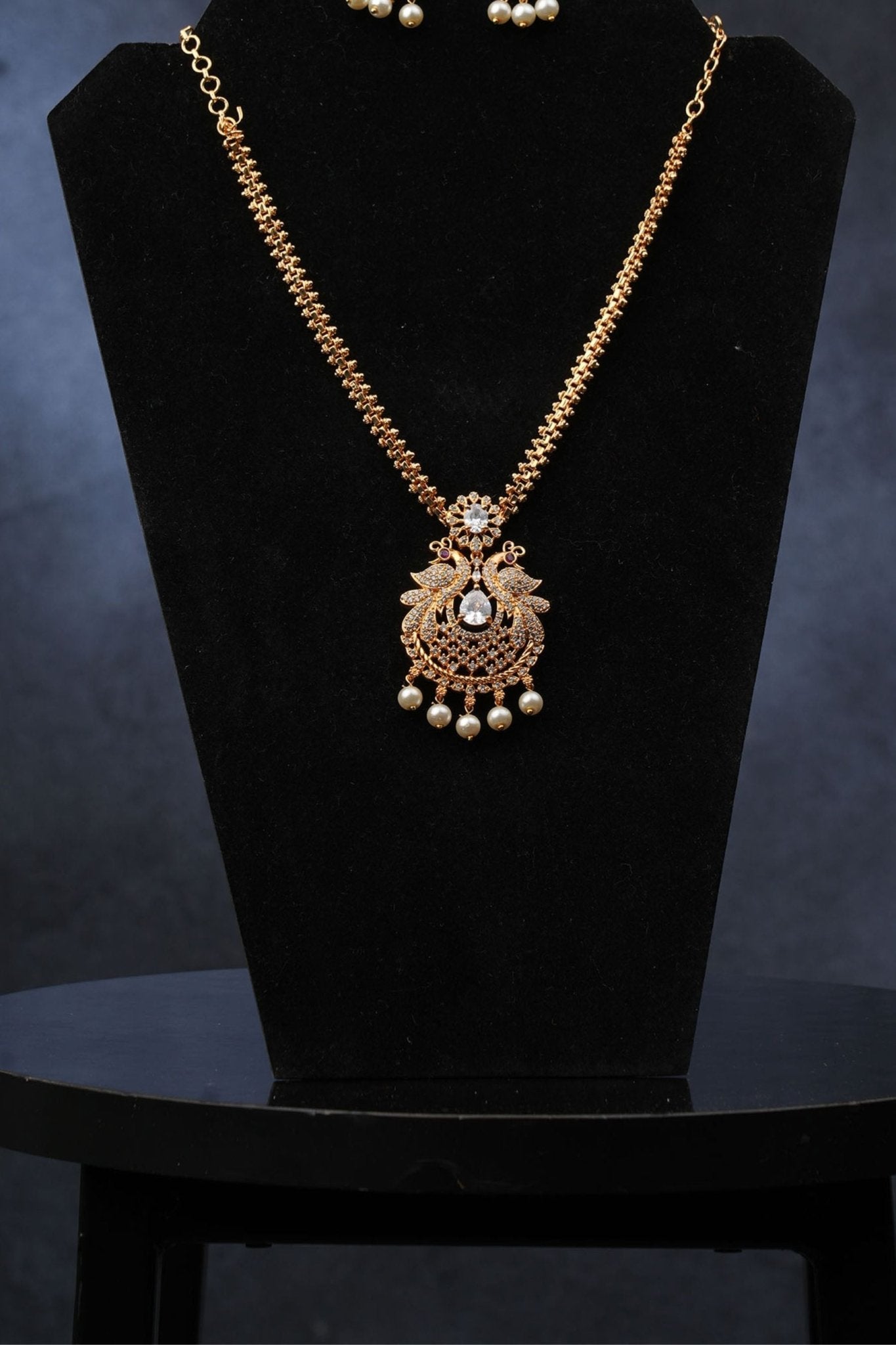 Radiant Peacock Gold-Plated Neckset with Earrings | Sparkling White Stones Jewelry JCS Fashions