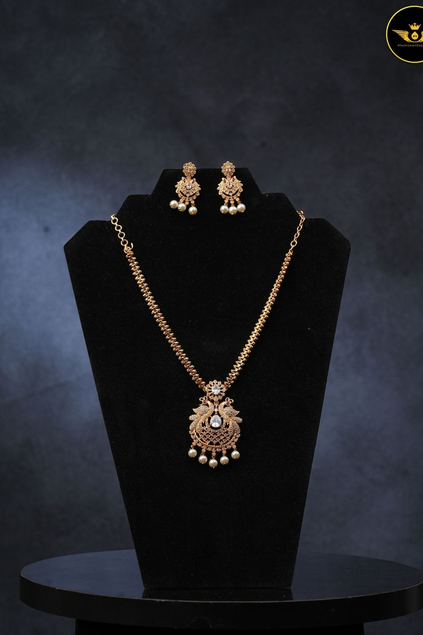 Radiant Peacock Gold-Plated Neckset with Earrings | Sparkling White Stones Jewelry JCS Fashions