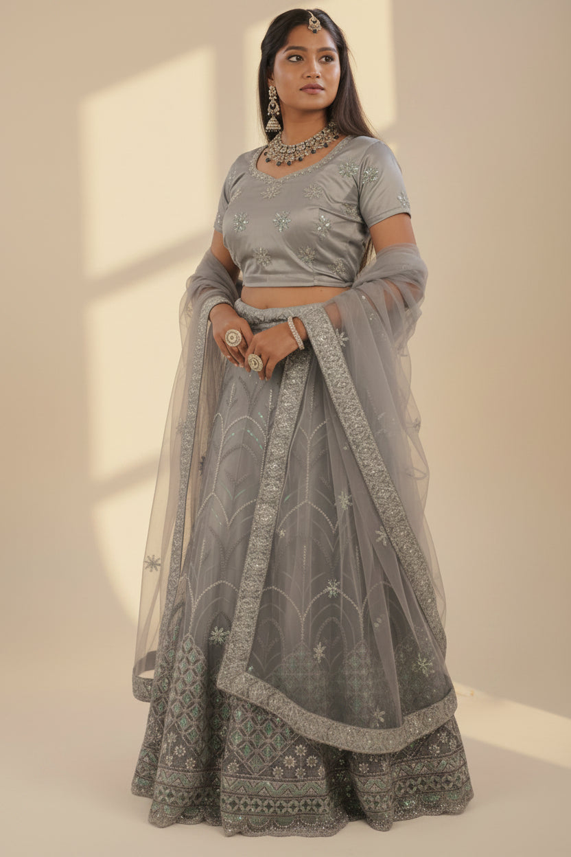 Regal Elegance Designer Lehenga With Stone and Sequins Work LEHENGA JCS Fashions Grey Large (40)