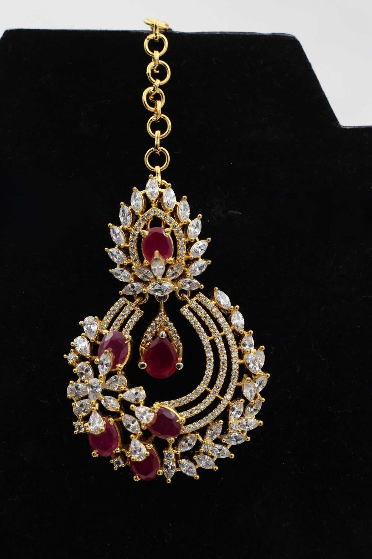 Regal Gold-Polished American Diamond Tikka with Pink & White Stones Jewelry JCS Fashions