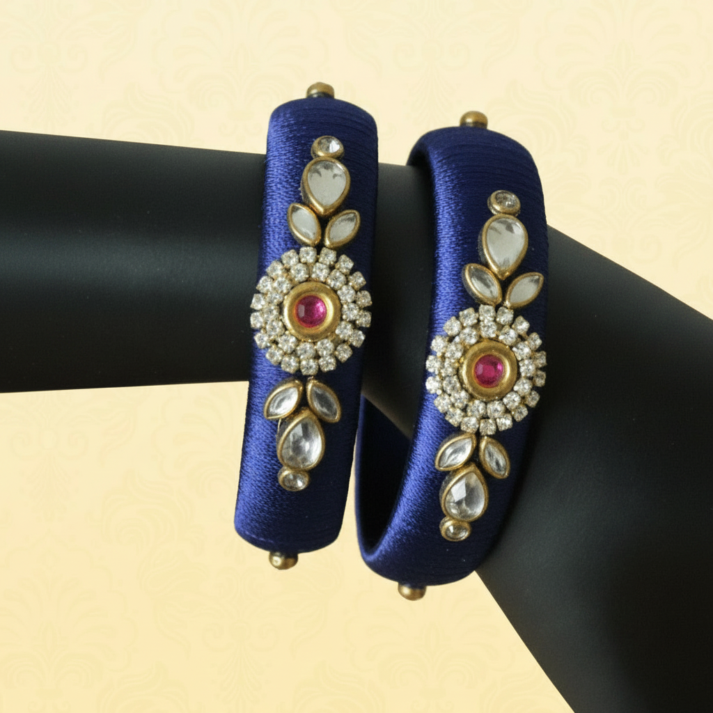 Royal Blue and Red Stone with Aari Work Fancy metal bangles