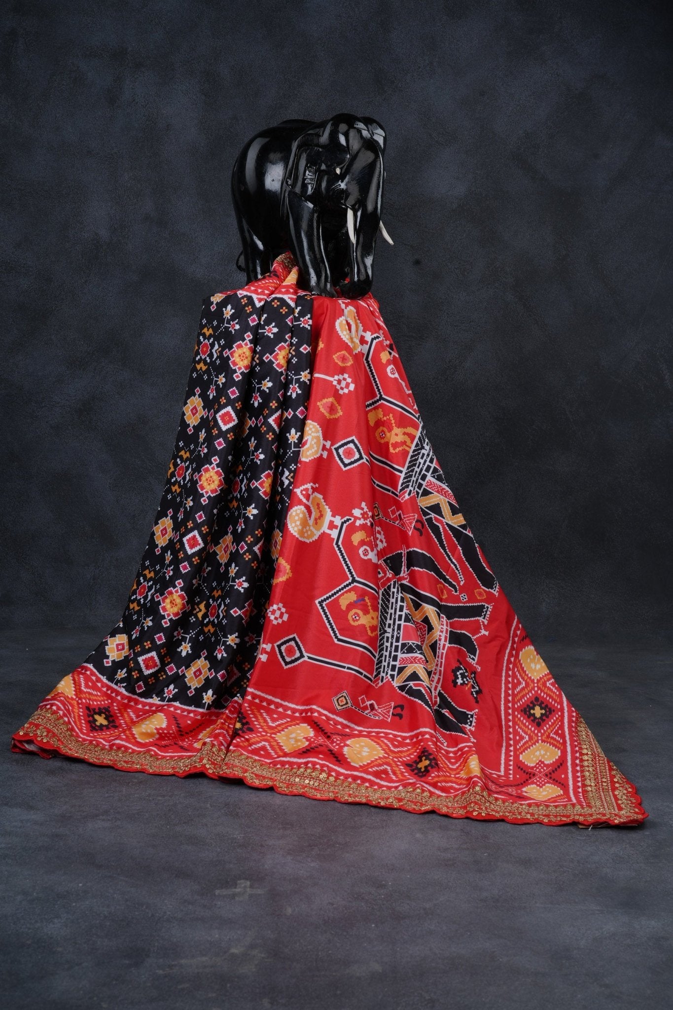 Satin Silk Patola Saree in Imperial Black & Red Ikkat design with Stitched Blouse Saree JCS Fashions