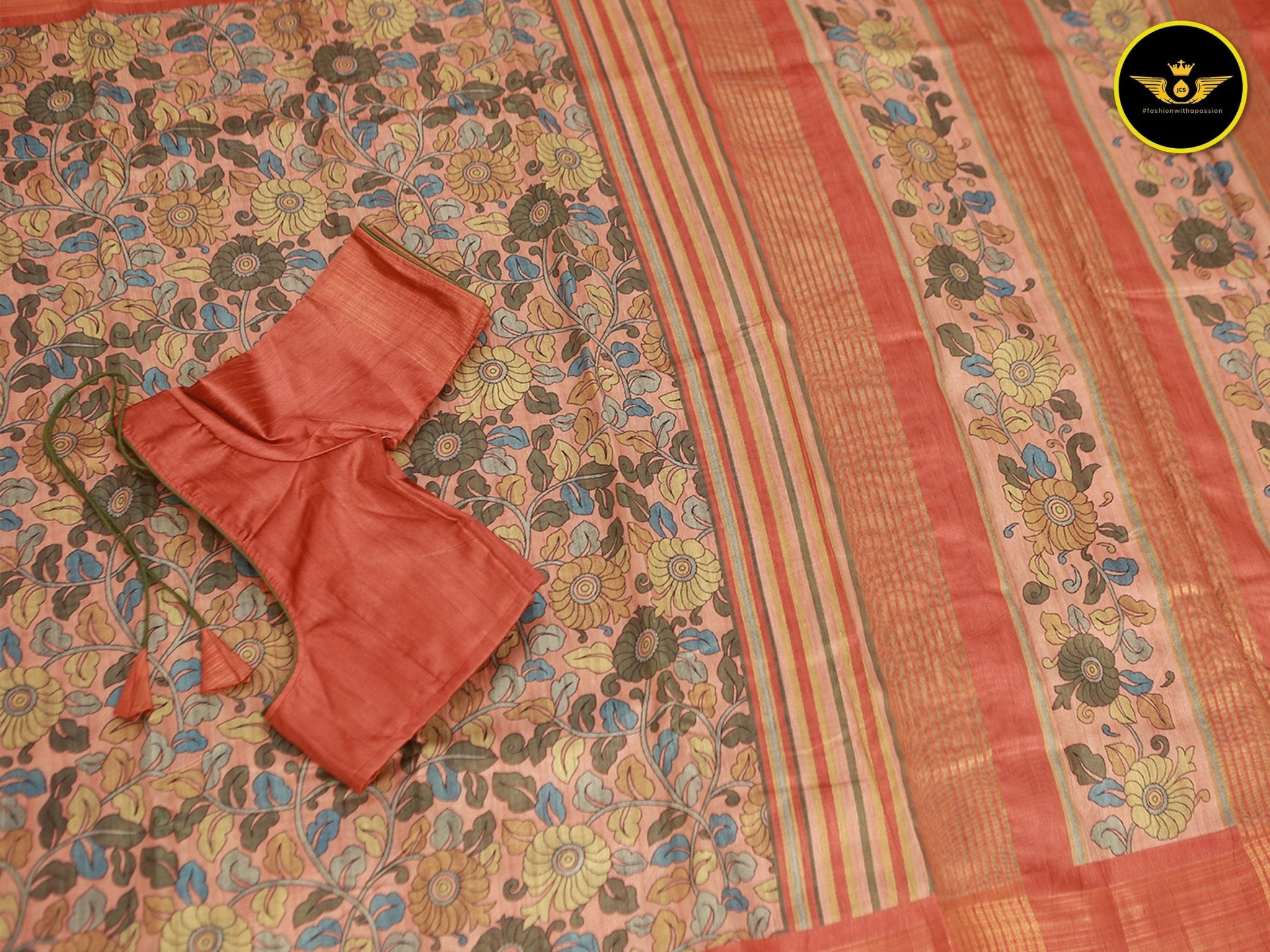 Semi Silk Saree with Exquisite Floral Design and Contrasting Blouse Saree JCS Fashions