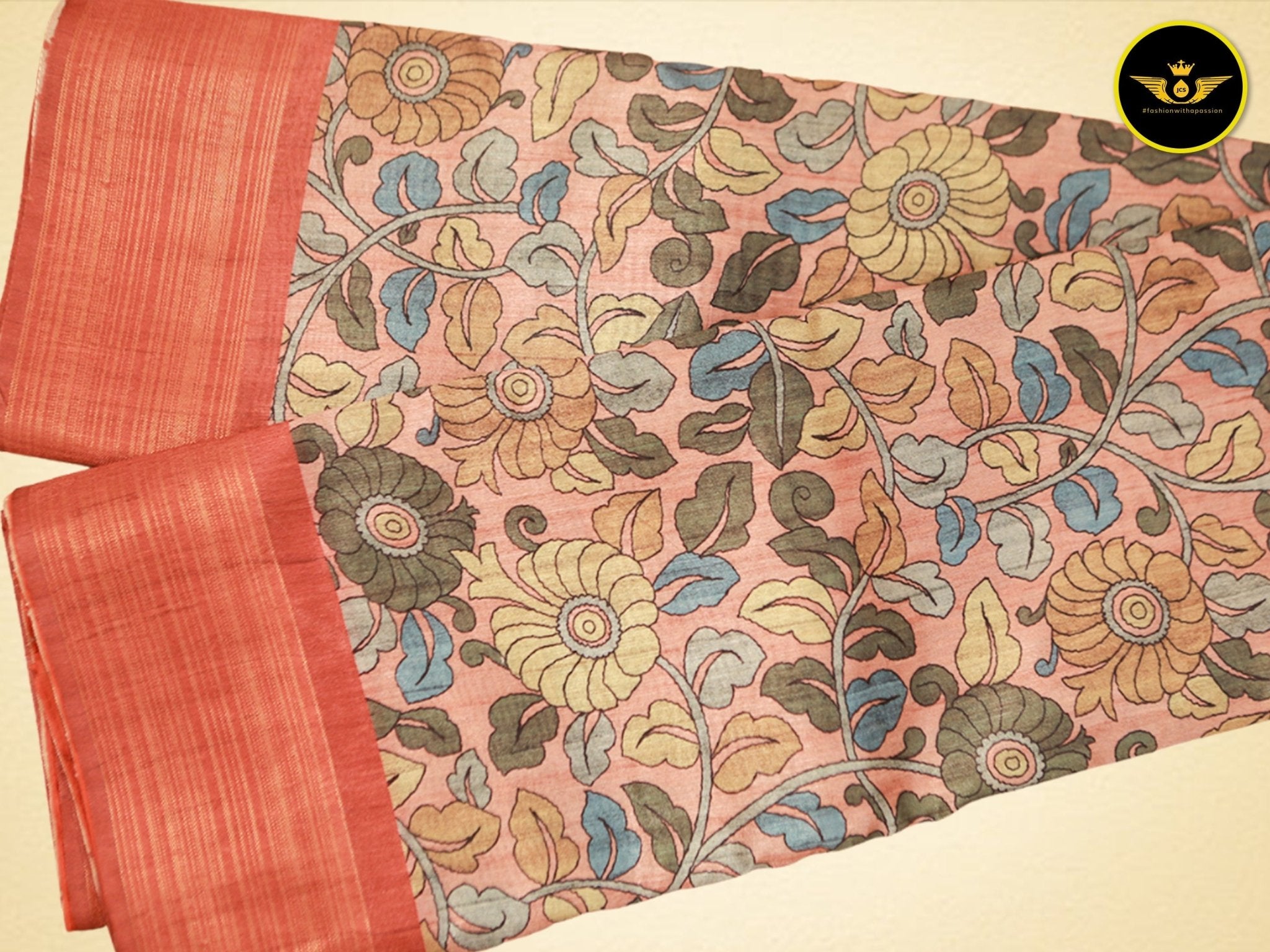 Semi Silk Saree with Exquisite Floral Design and Contrasting Blouse Saree JCS Fashions Peach 5.5 meters