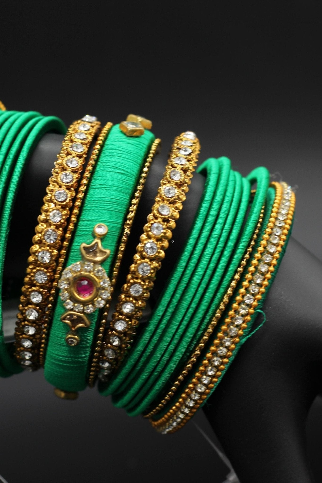 Silk Thread Bangles with Kundan and Stone Work in Green Color Jewelry JCS Fashions