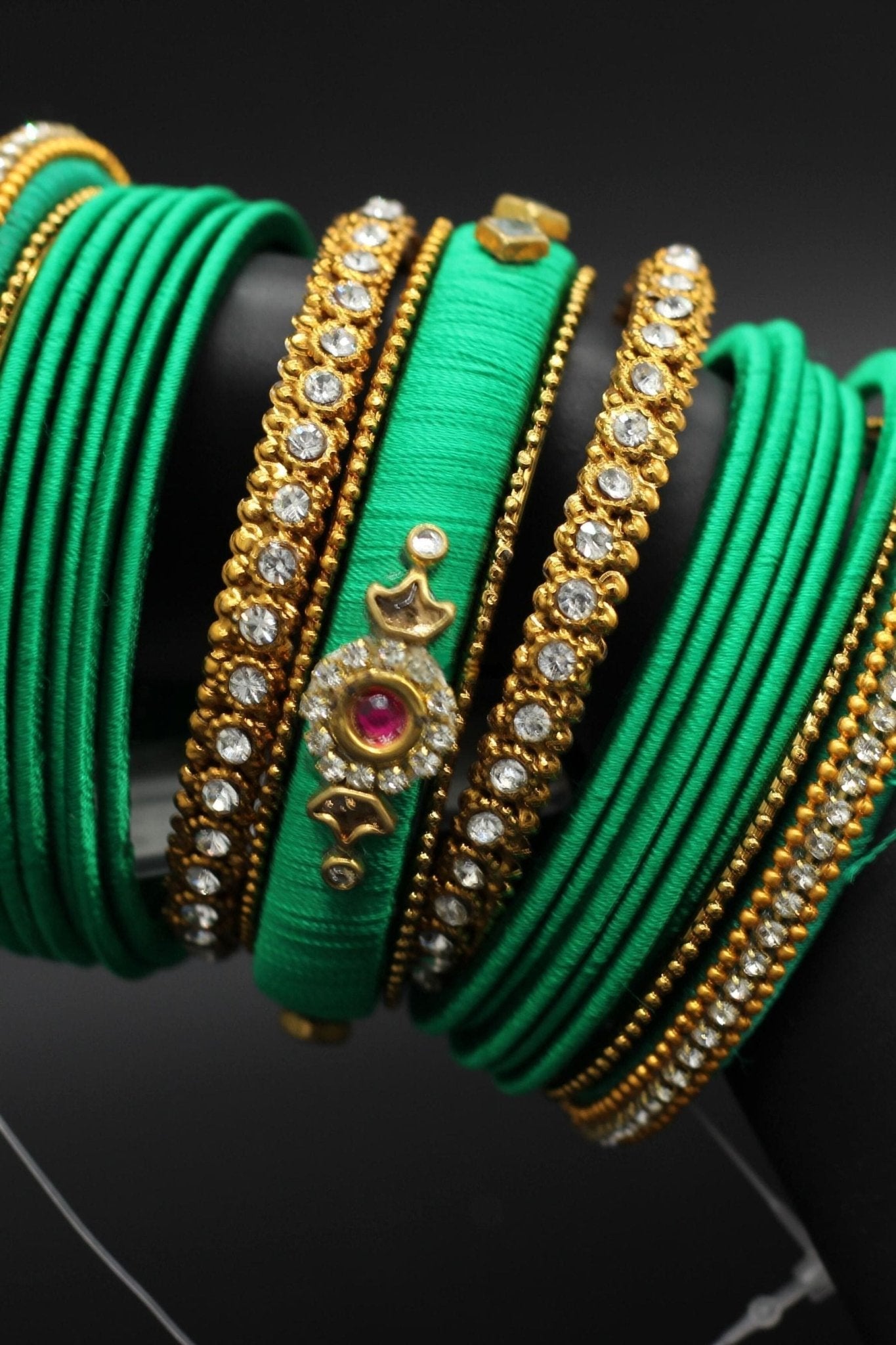 Silk Thread Bangles with Kundan and Stone Work in Green Color Jewelry JCS Fashions