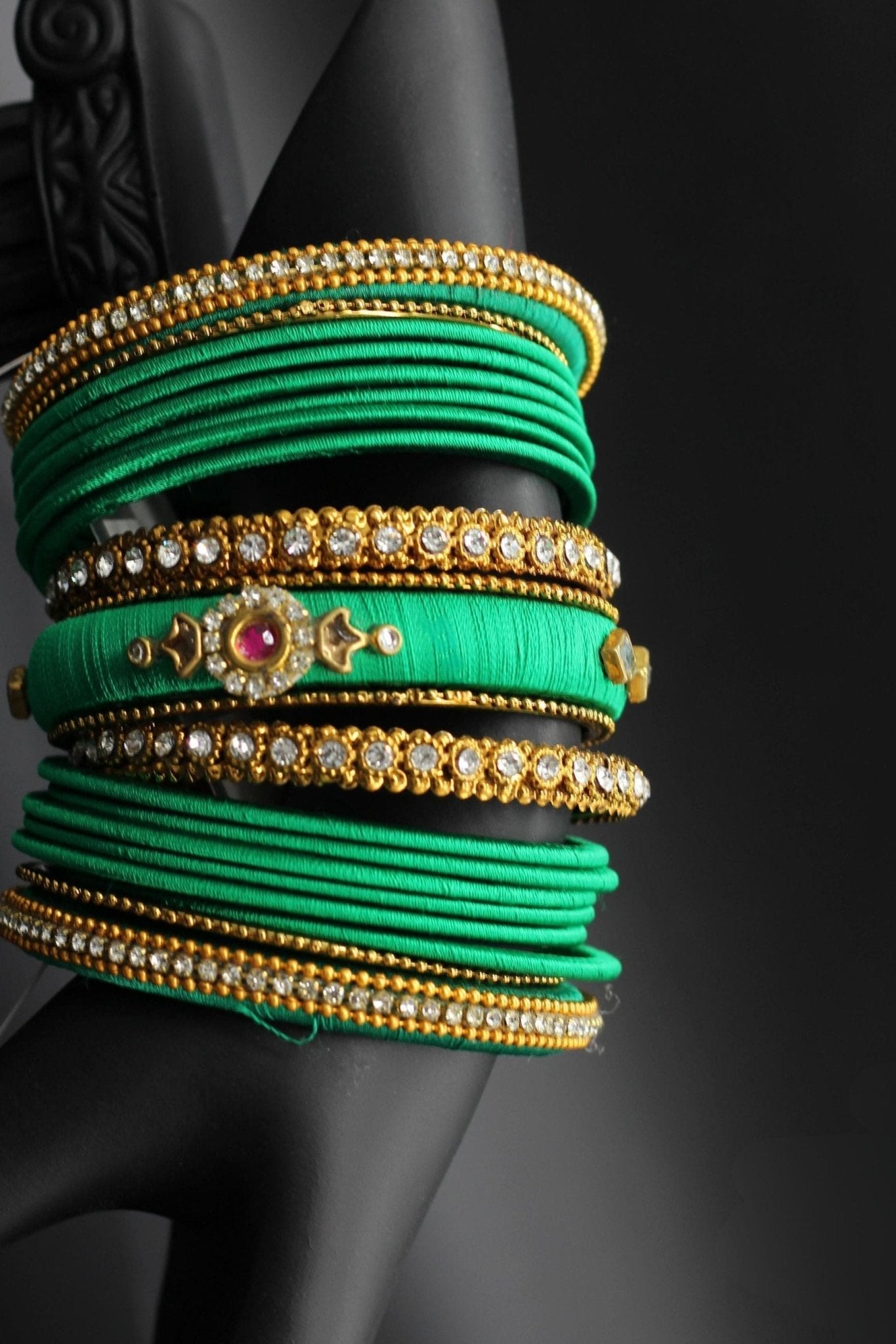 Silk Thread Bangles with Kundan and Stone Work in Green Color Jewelry JCS Fashions
