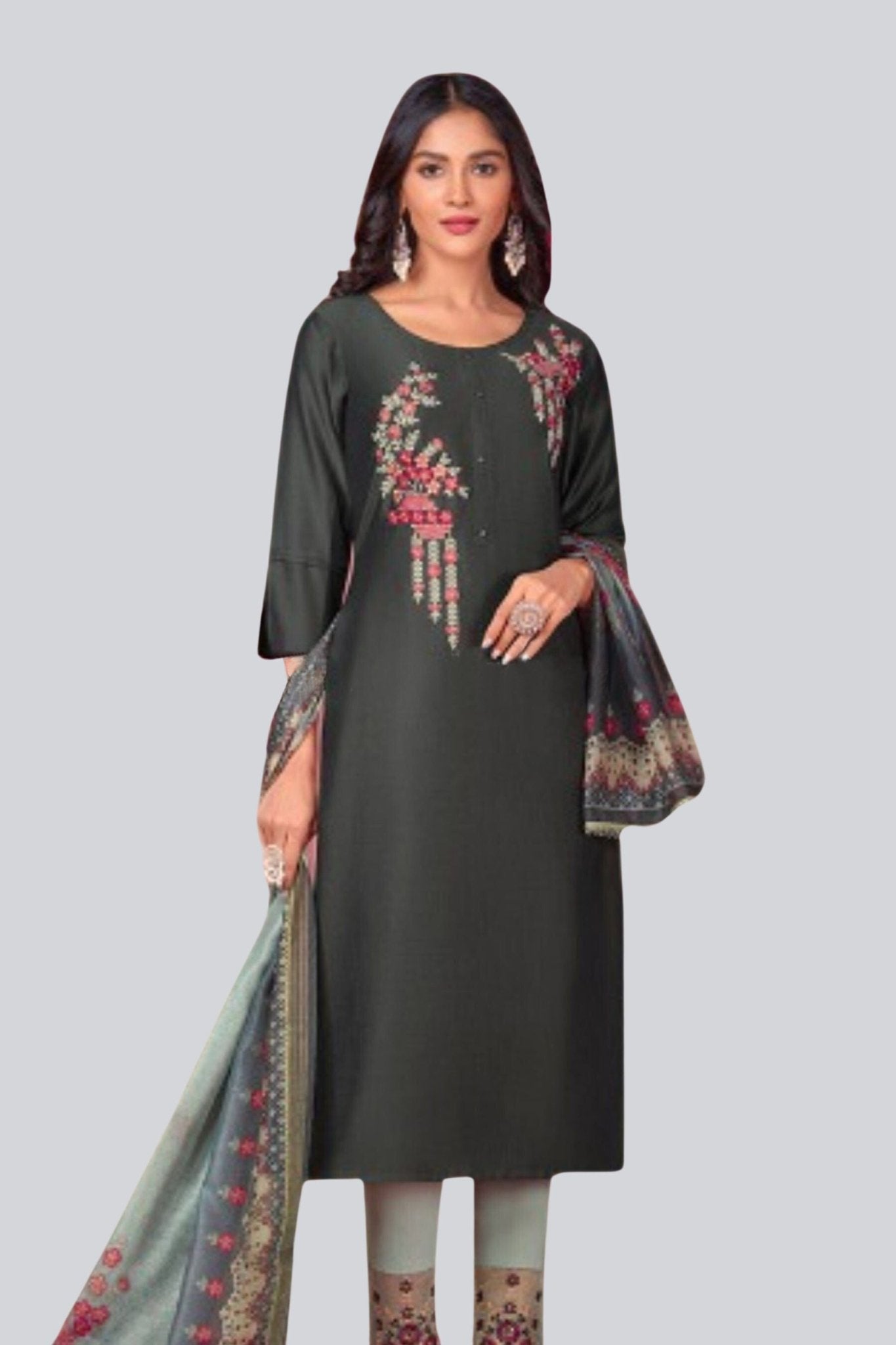Silk Top Salwar Set with Pant and Dupatta – Elegant Ethnic Wear KURTI JCS Fashions Grey Medium (38)