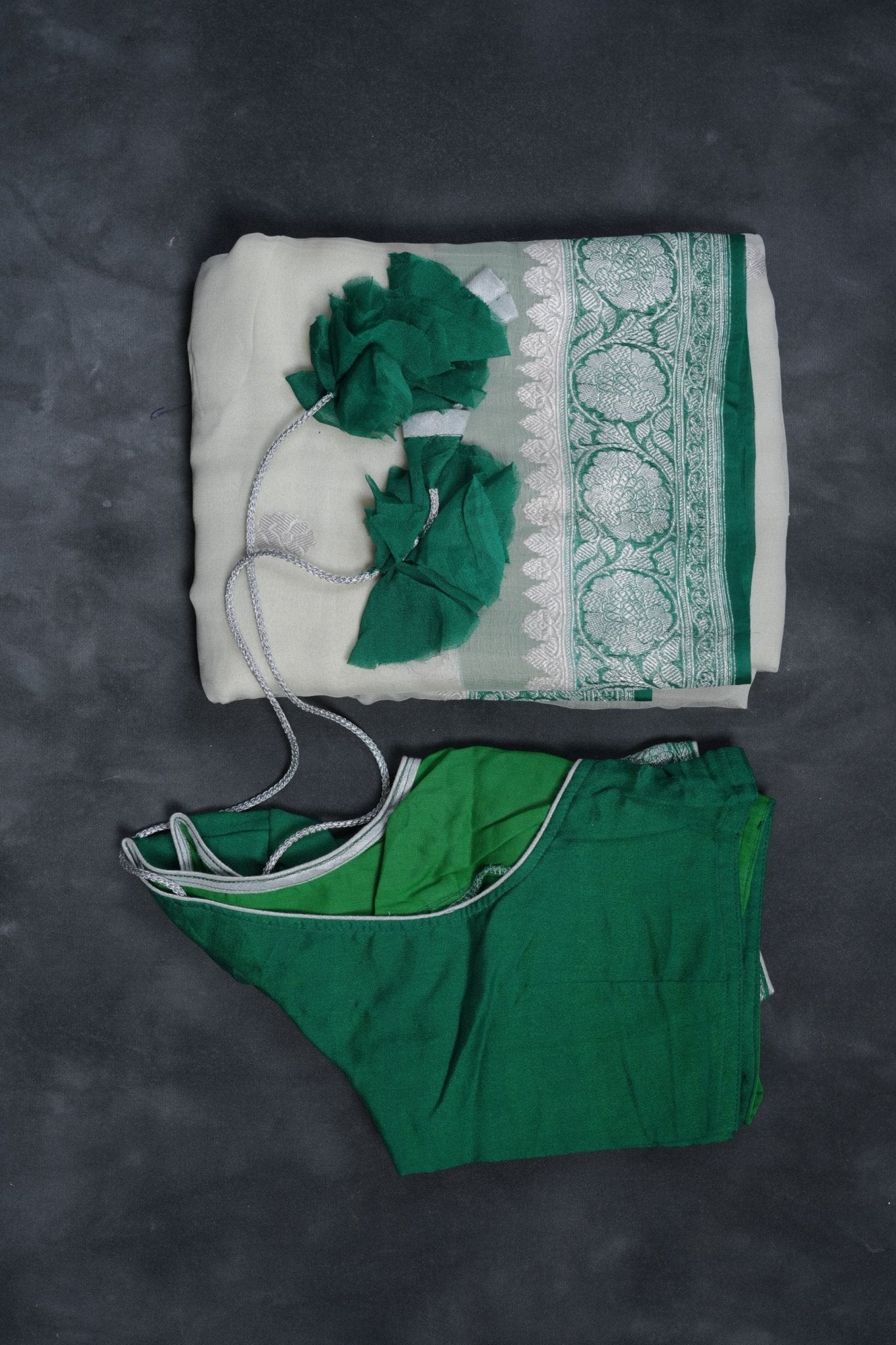 Silkmark Certified Georgette Saree: Premium Trendy Kaddi with Silver Weaving SAREE JCS Fashions Half White 5.5 Meters