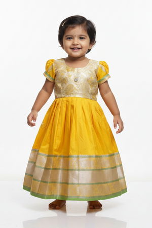 Girls' Yellow Silk Frock - Exclusive Silver Buttas