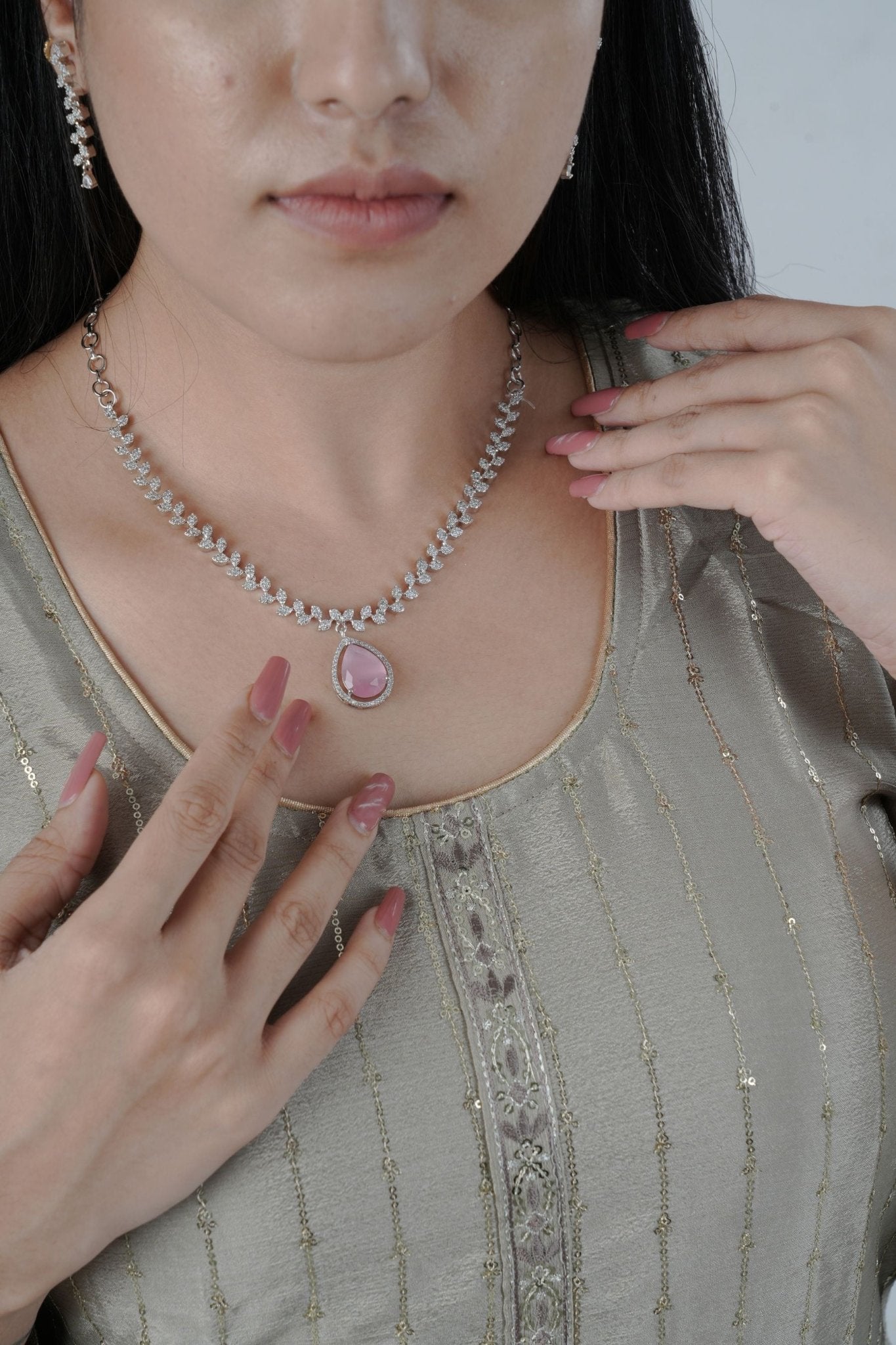 Silver-Polished Jewelry Set with Natural Stone Accents from JCSFashions Jewelry JCS Fashions Pink 9"