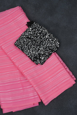 Pink Silver Zari Georgette Saree with Black Sequence