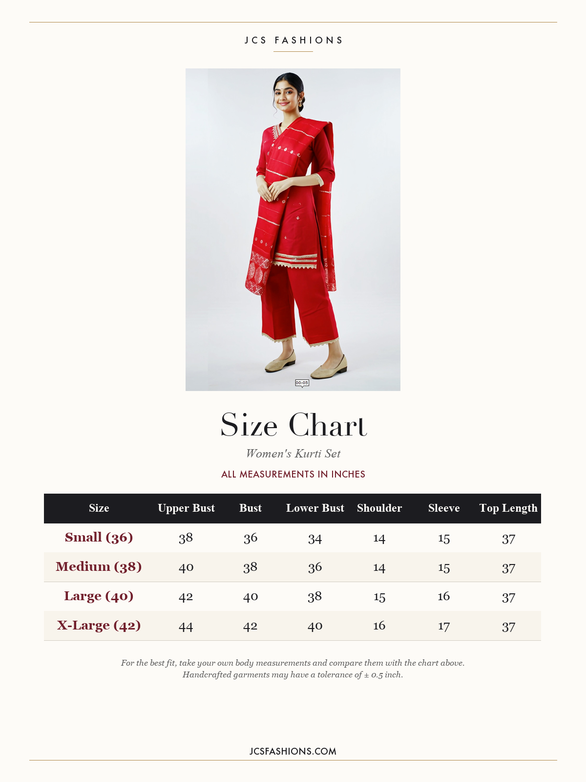 Size Chart — Roman Silk Rani Pink Three-Piece Kurti Set with Banarasi Dupatta