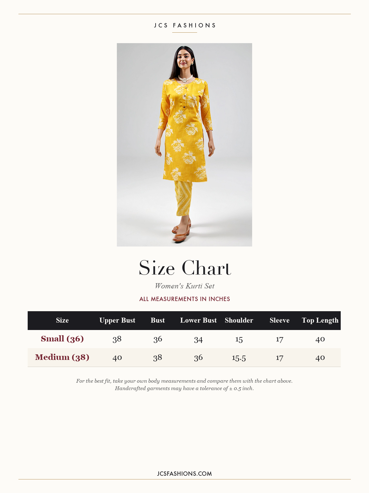 Size Chart — Yellow Cotton 2 Piece Kurta Set with Floral Design