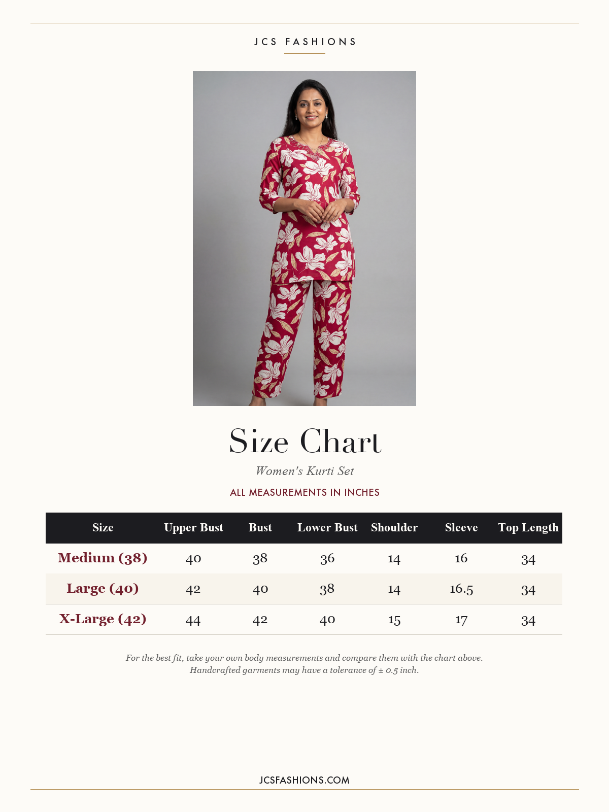 Size Chart — Vivid Maroon Rayon 2 Piece Set with Elastic Pants
