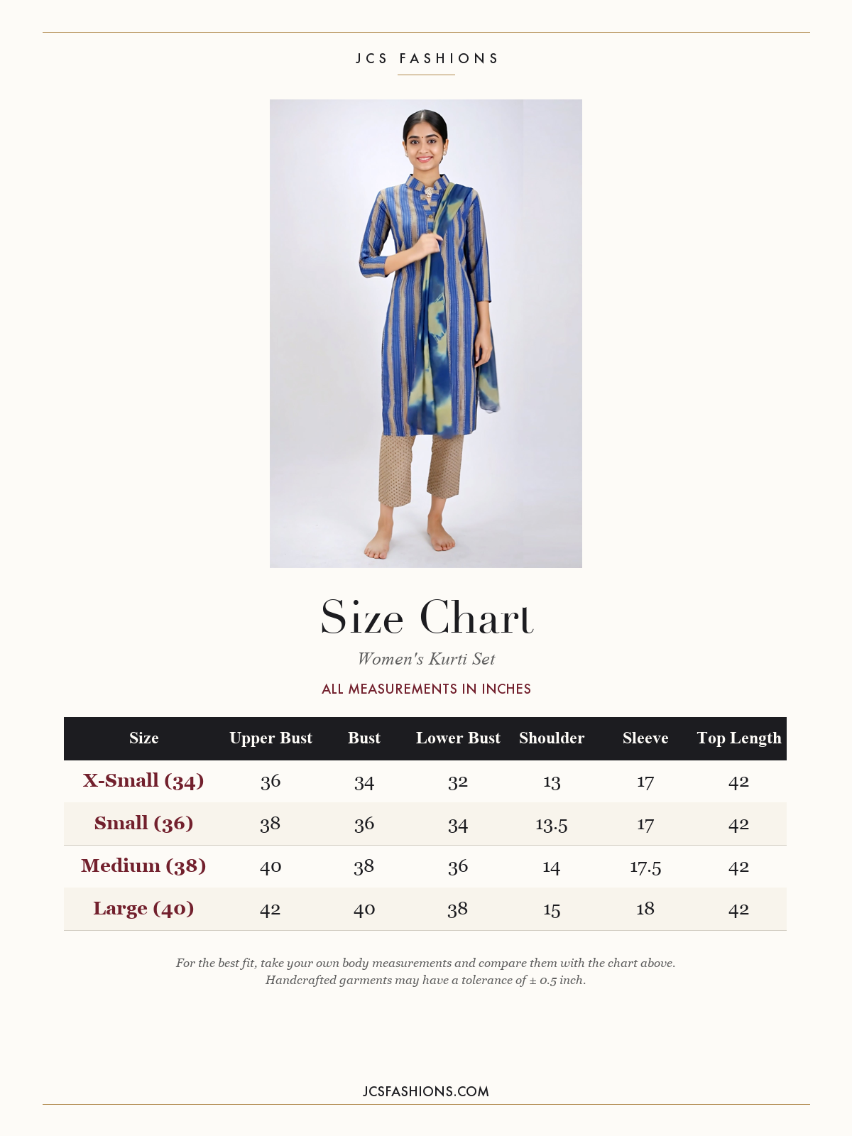 Size Chart — Blue Striped Cotton 3 Piece Kurti Set