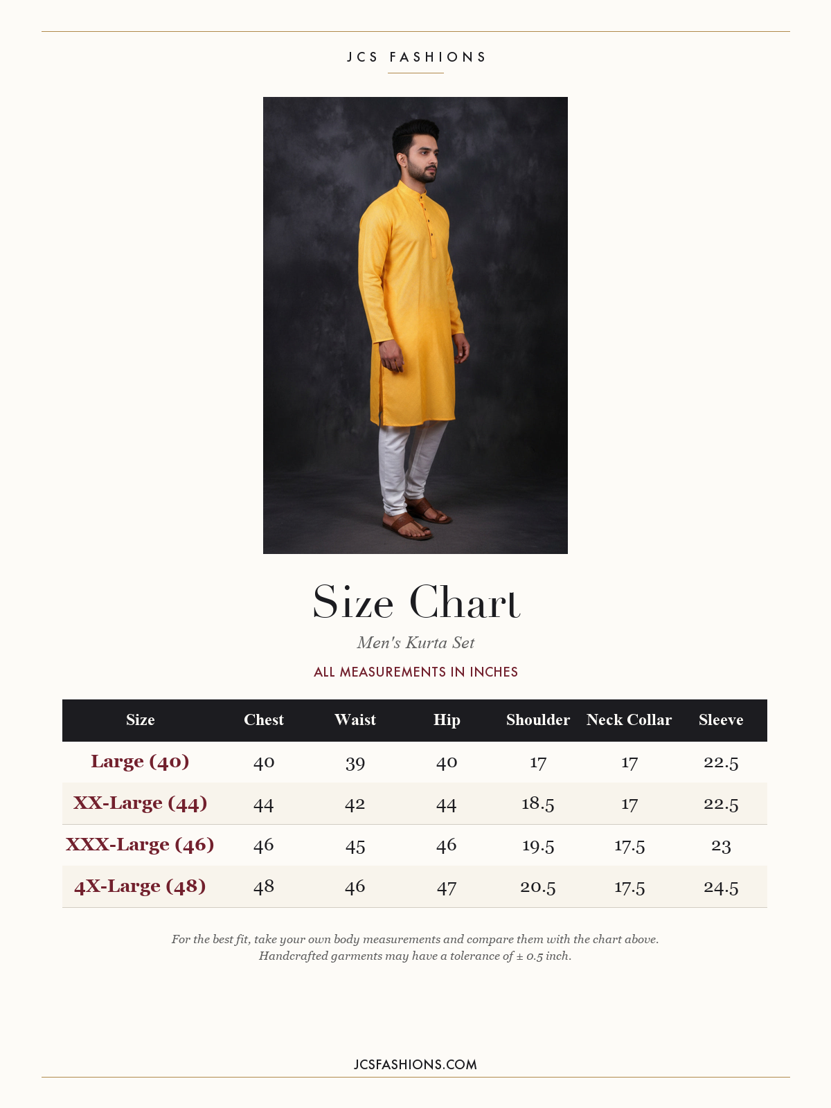 Size Chart — Yellow Men's Cotton Kurta with Diamond Pattern