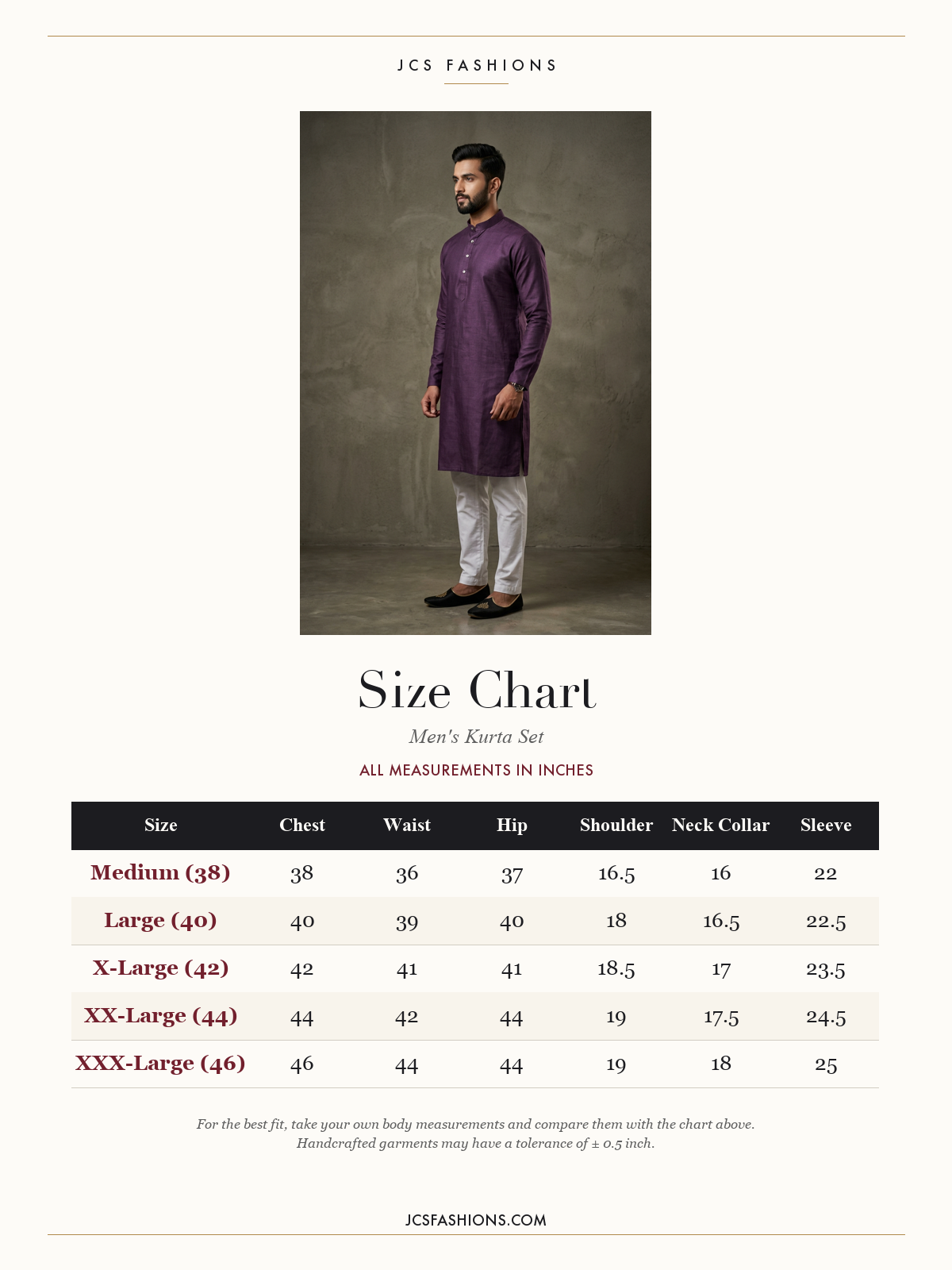 Size Chart — Purple Men's Cotton Kurta: & Sophisticated Wear