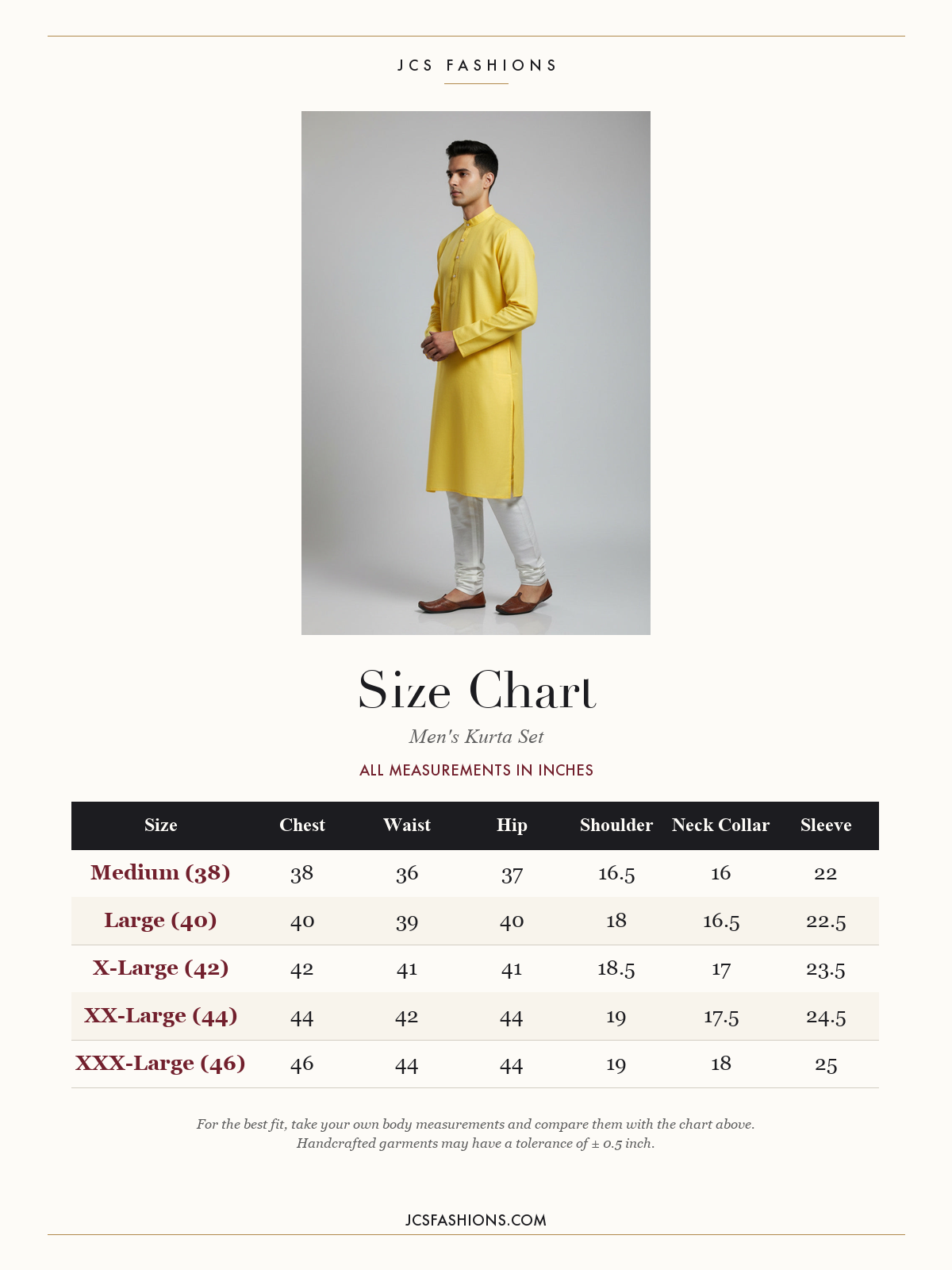 Size Chart — Yellow Cotton Plain Kurta - Breathable and Casual Wear