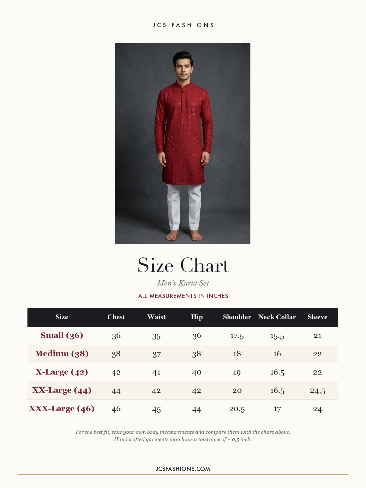 Size Chart — Maroon Men's Lakhnavi Kurta with Resham & Sequin Detail