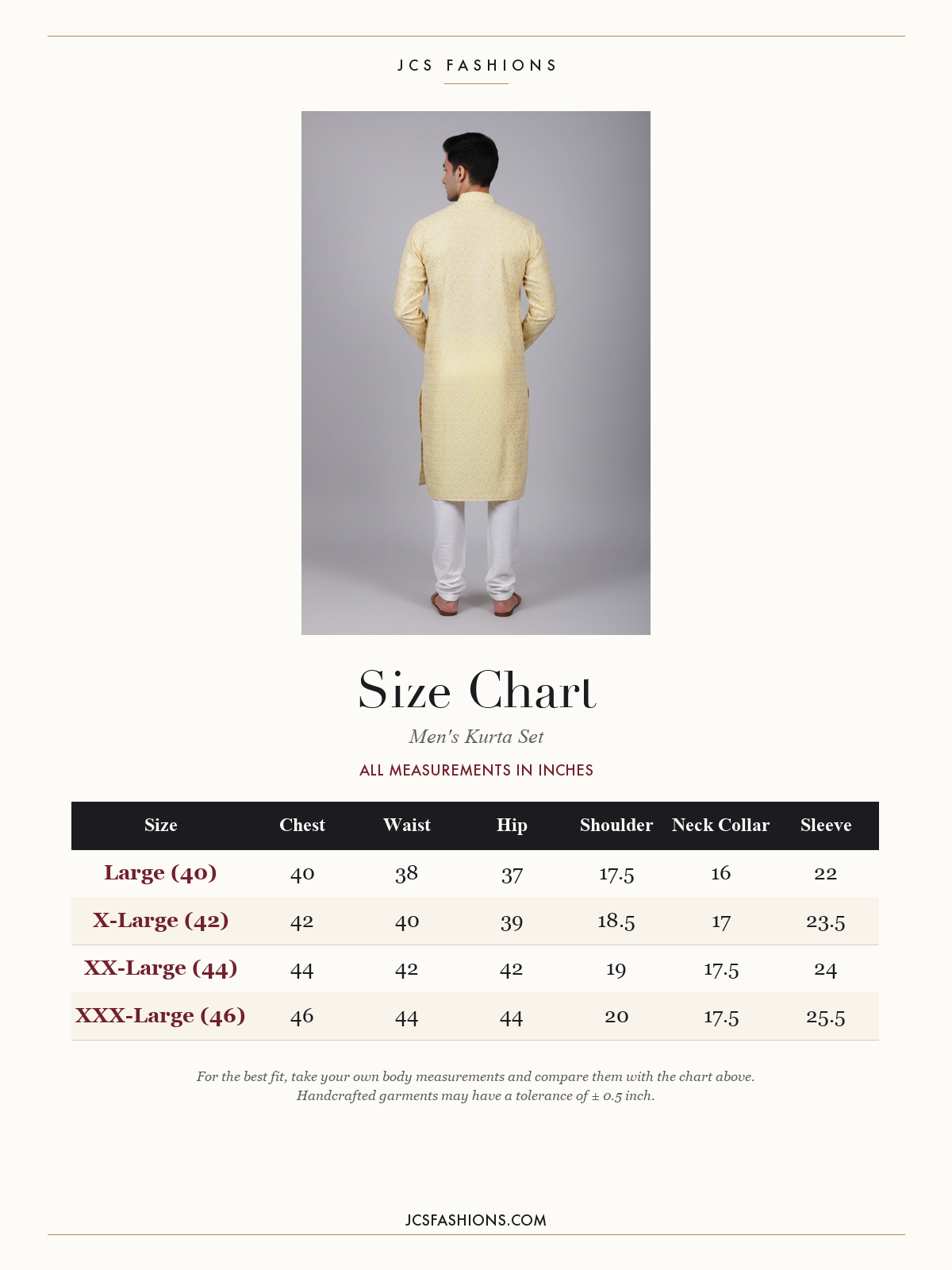 Size Chart — Men's White Jacquard Kurta for Weddings and Parties from JCSFashions