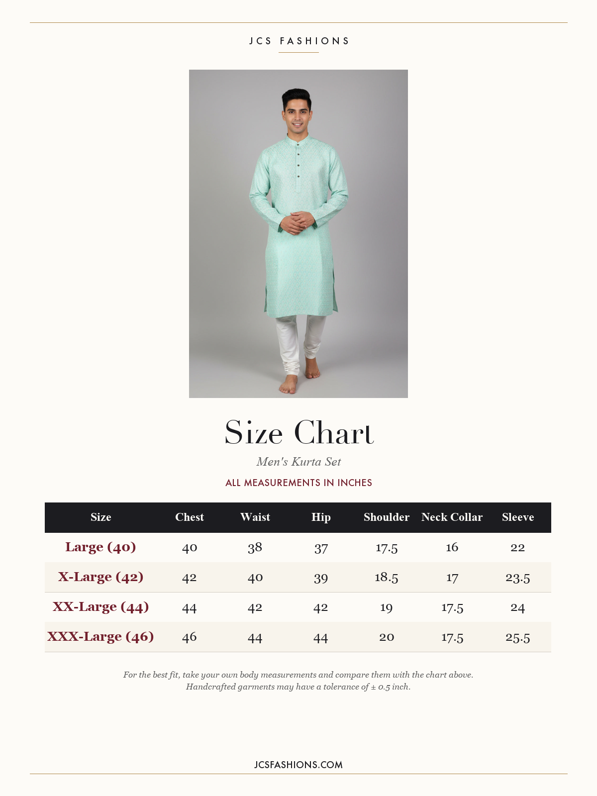 Size Chart — Men's Classic Jacquard Kurta: Luxurious, Intricate Weaving for Weddings