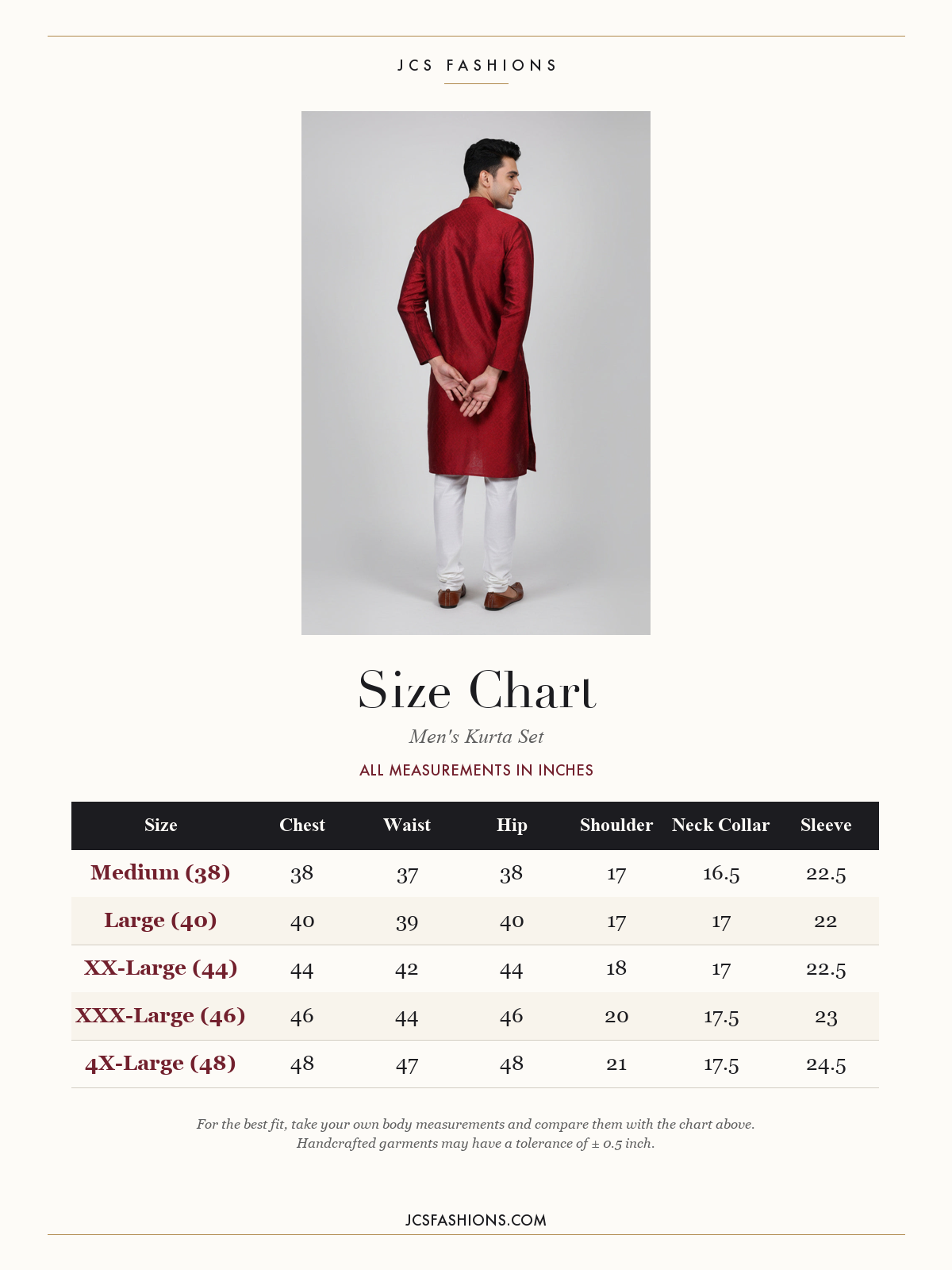 Size Chart — Maroon Men's Diamond Pattern Kurta: Ethnic Meets Modern