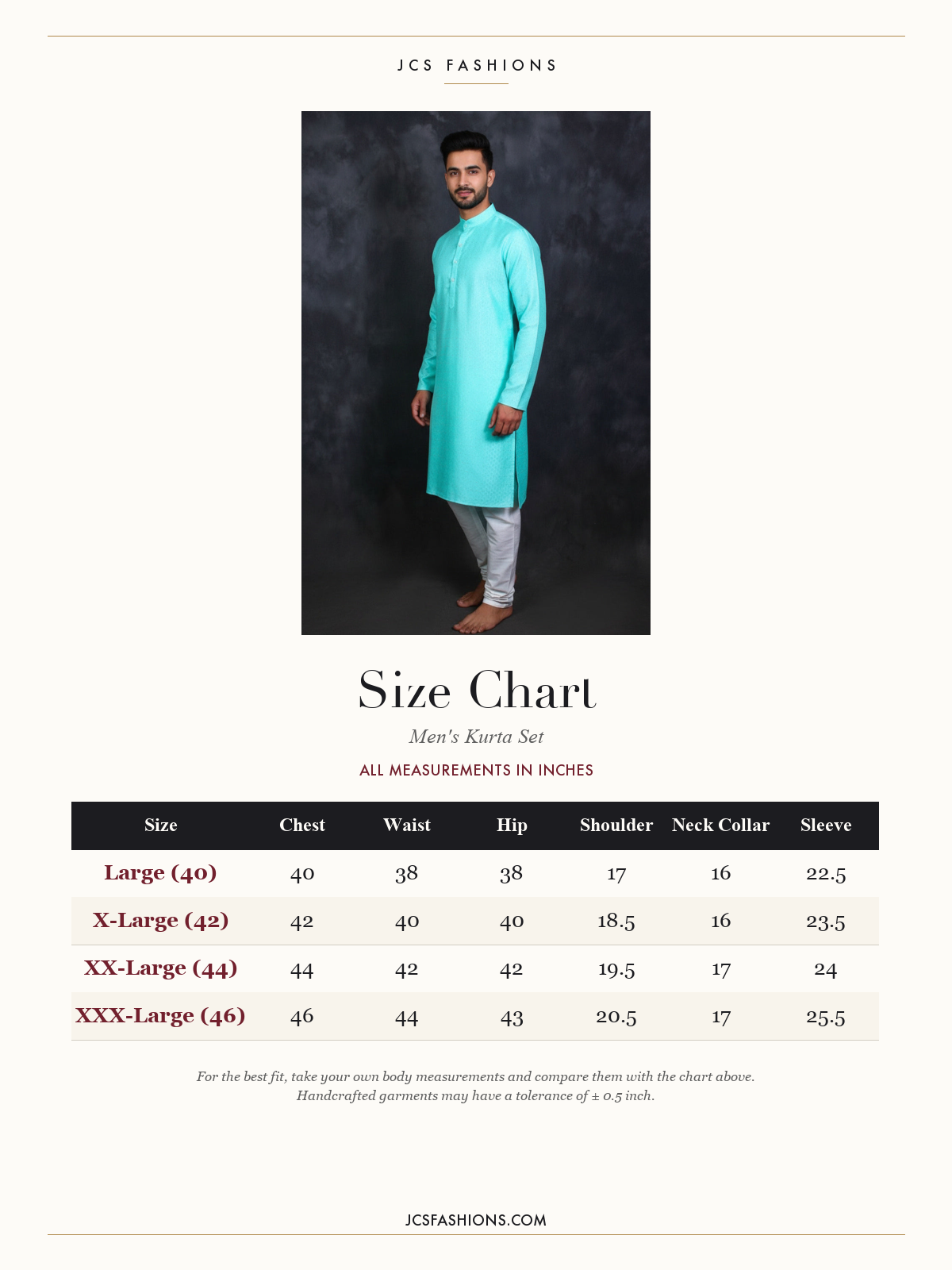 Size Chart — Green Men's Patterned Kurta & Pyjama