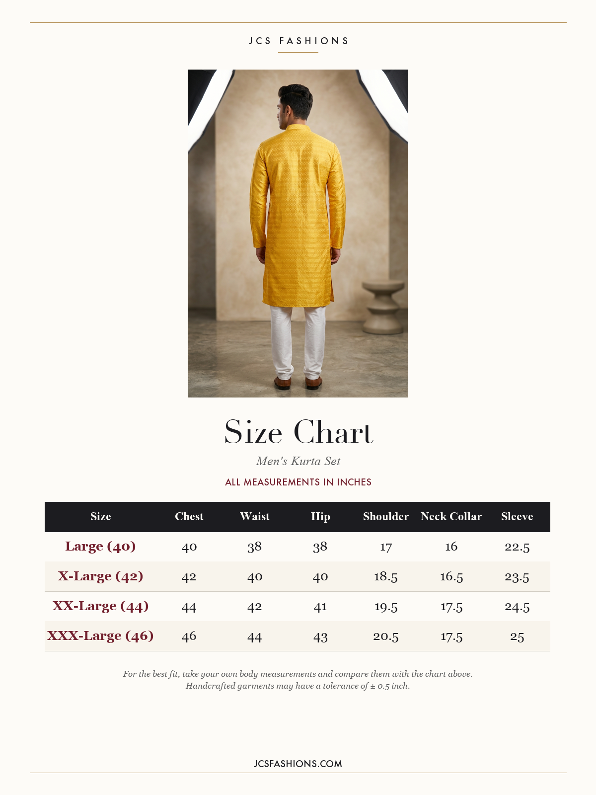 Size Chart — Yellow Hand-Sewn Sequin Men's Kurta Pyjama for Haldi