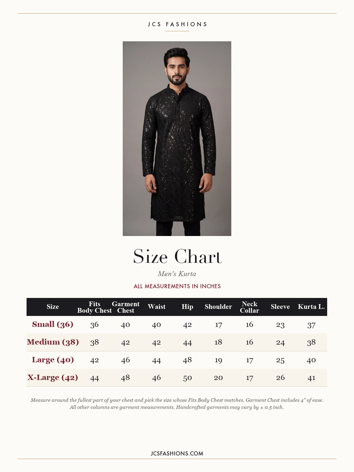 Size Chart — Men-165