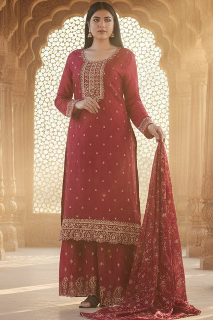 Soft Chinnon Silk Sharara: Elegant and Comfortable Ensemble KURTI JCS Fashions Maroon Small (36)