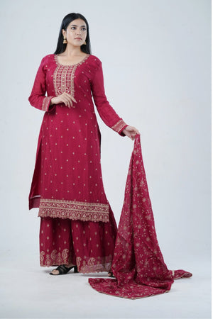 Maroon Soft Chinnon Silk Sharara: and Ensemble